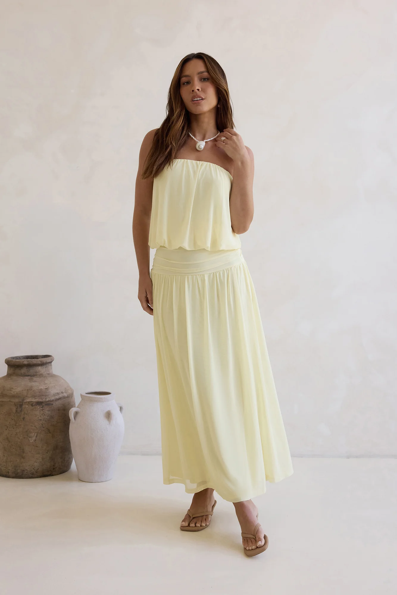 Calling Me Mesh Strapless Maxi Dress Yellow
