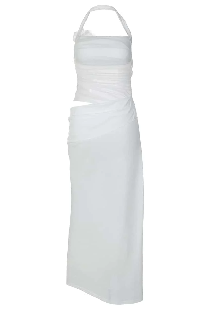 Halter White 3D Flowers Cutout Fitted Dress