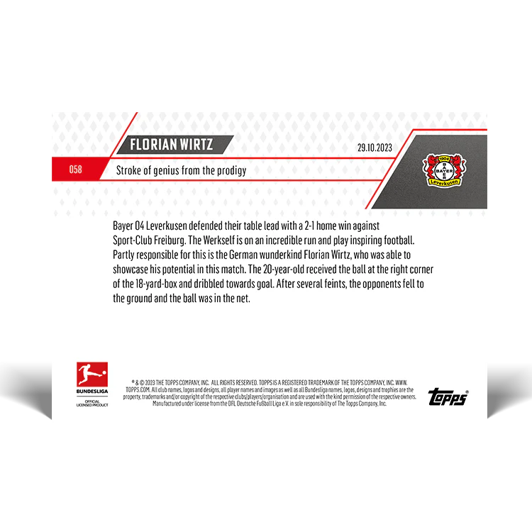 Topps UK - Florian Wirtz - Stroke of genius from the prodigy - Bundesliga TOPPS NOW® Card #58