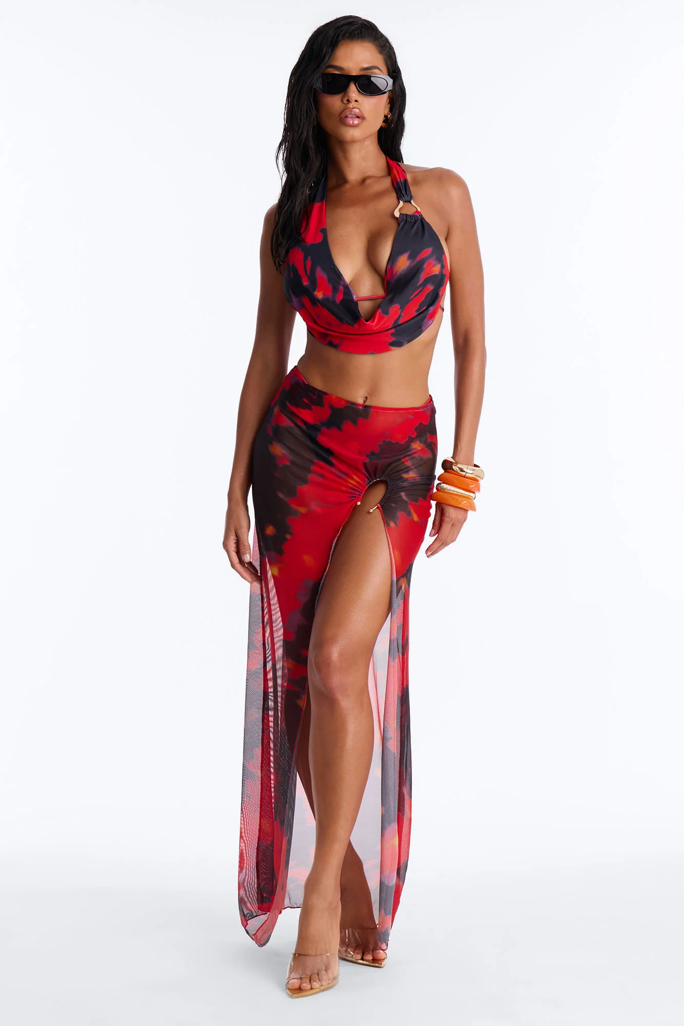 Late Night Crush 2 Piece Mesh Swim Cover Up Maxi Skirt Set - Multi Color