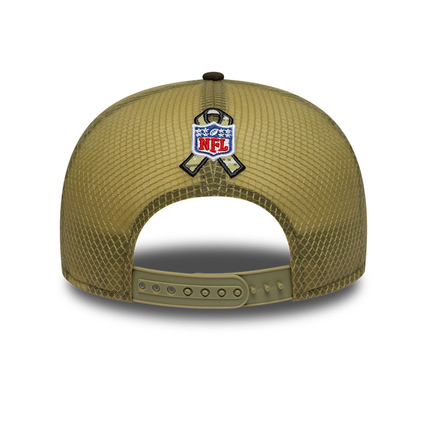 Miami Dolphins 2025 NFL Salute to Service 9FIFTY Split Panel Trucker Snapback Cap Olive