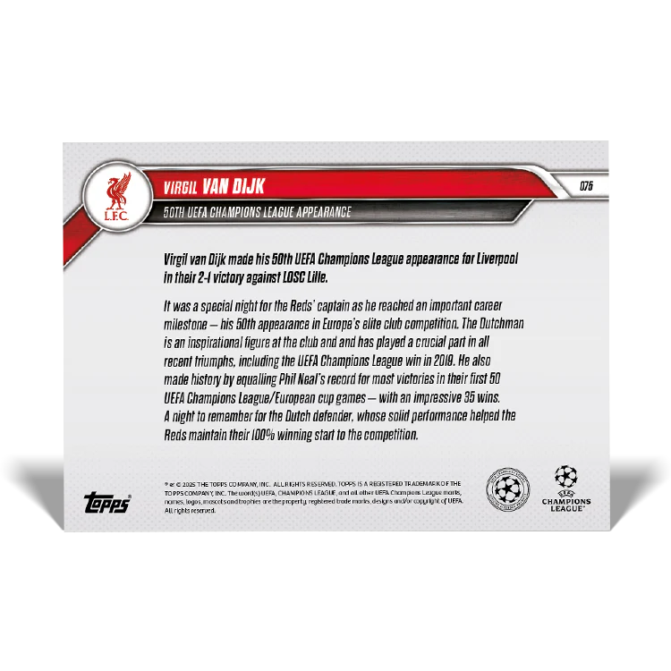 Virgil van Dijk - 50th UEFA Champions League appearance - 24/25 UCL Topps NOW® Card 75