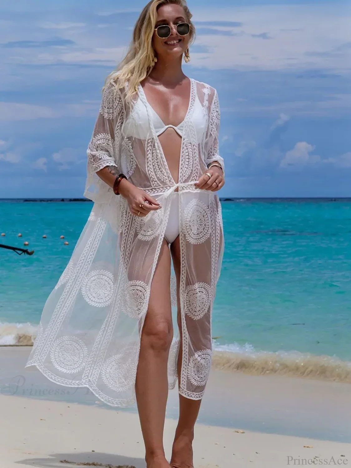 Lace Open Stitch Half Sleeve Bikini Cover Up
