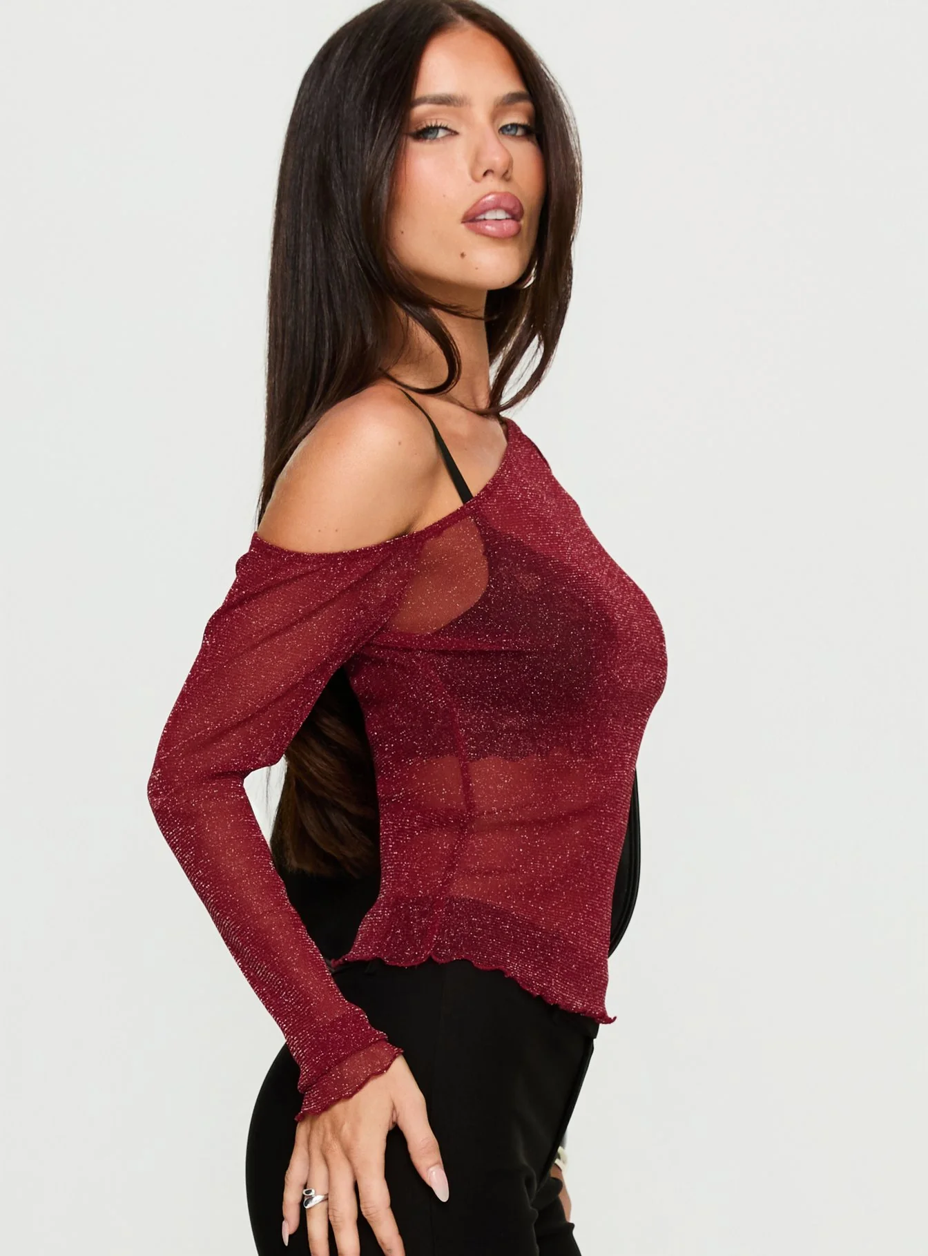 Zondra Sheer One Shoulder Top Burgundy Shimmer