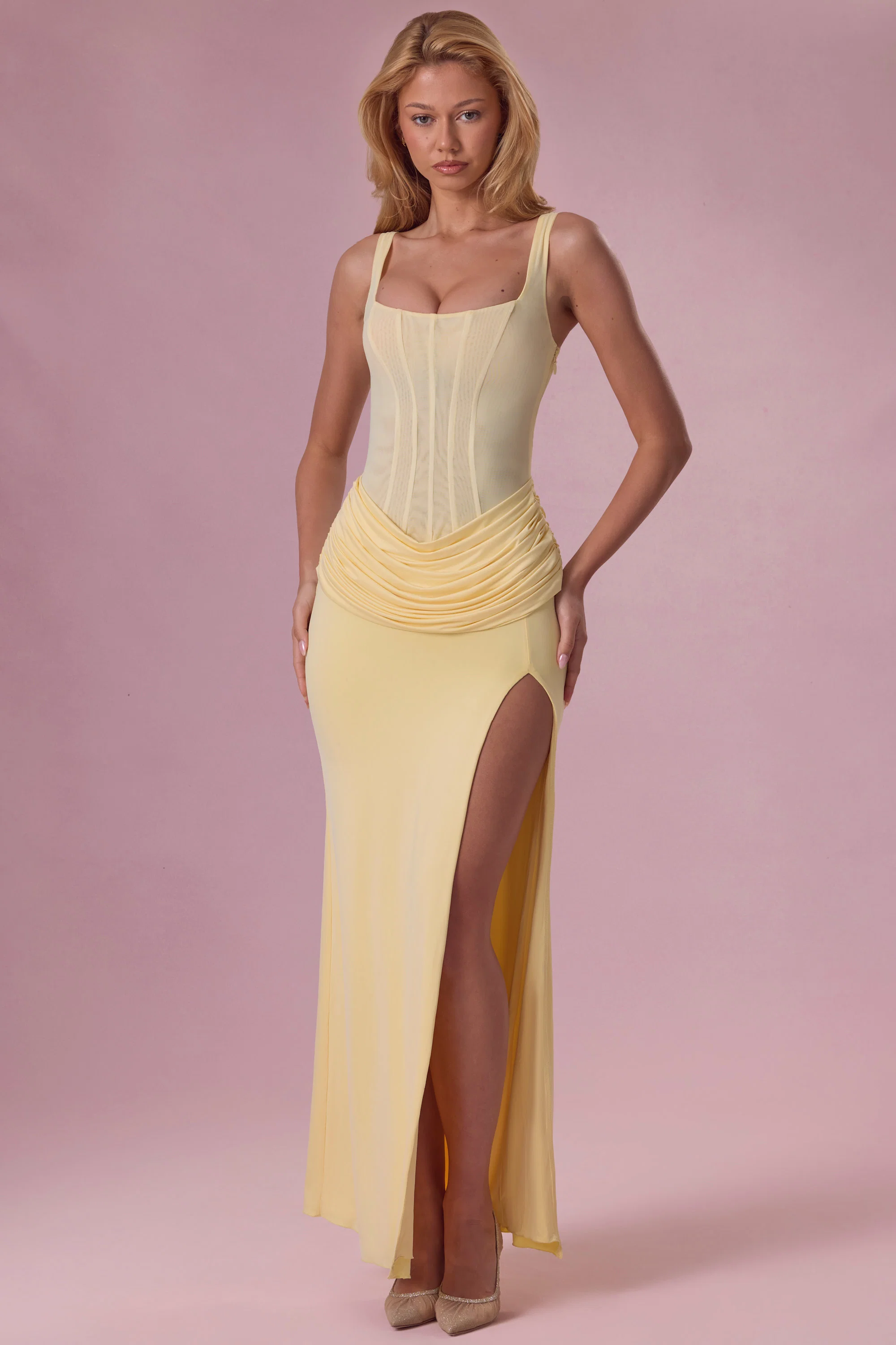 Mesh Draped Bridesmaid Dress in Butter Yellow