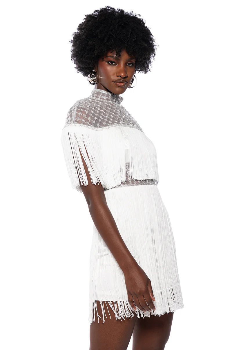 Mylah Fringe Detail Short Sleeve Mini Dress In White