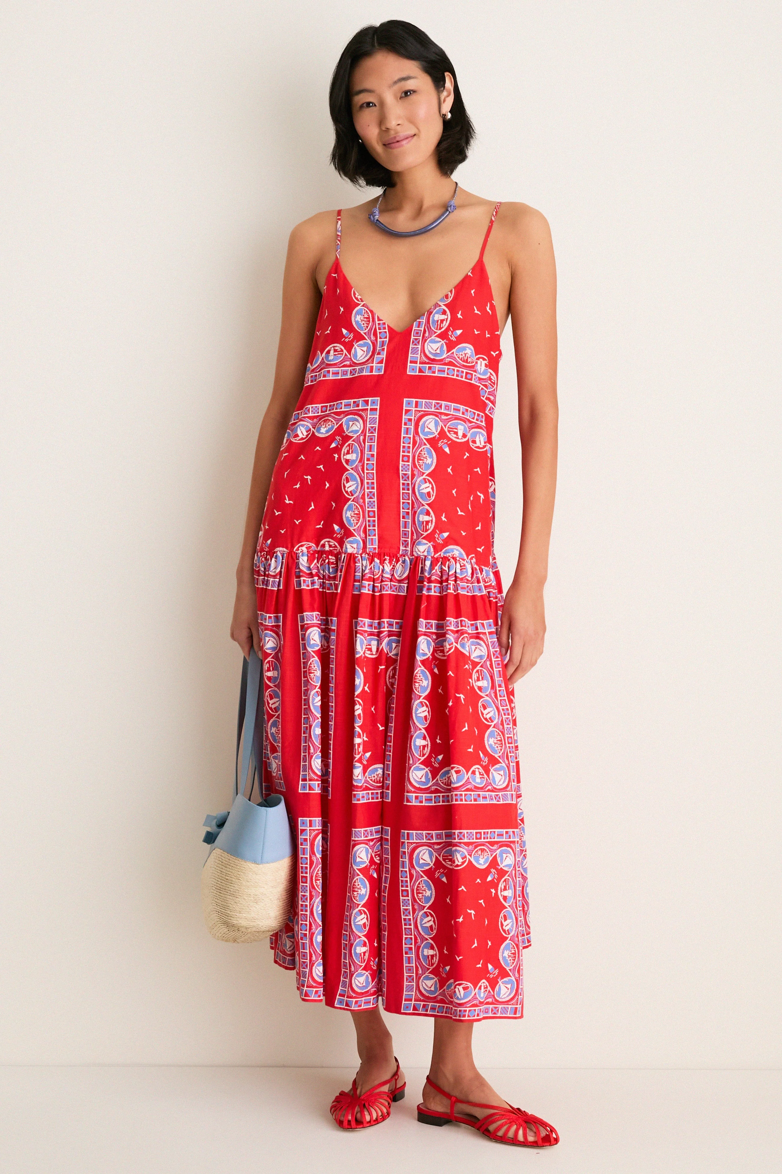 Red Sailboat Bandana Drop Waist Dress