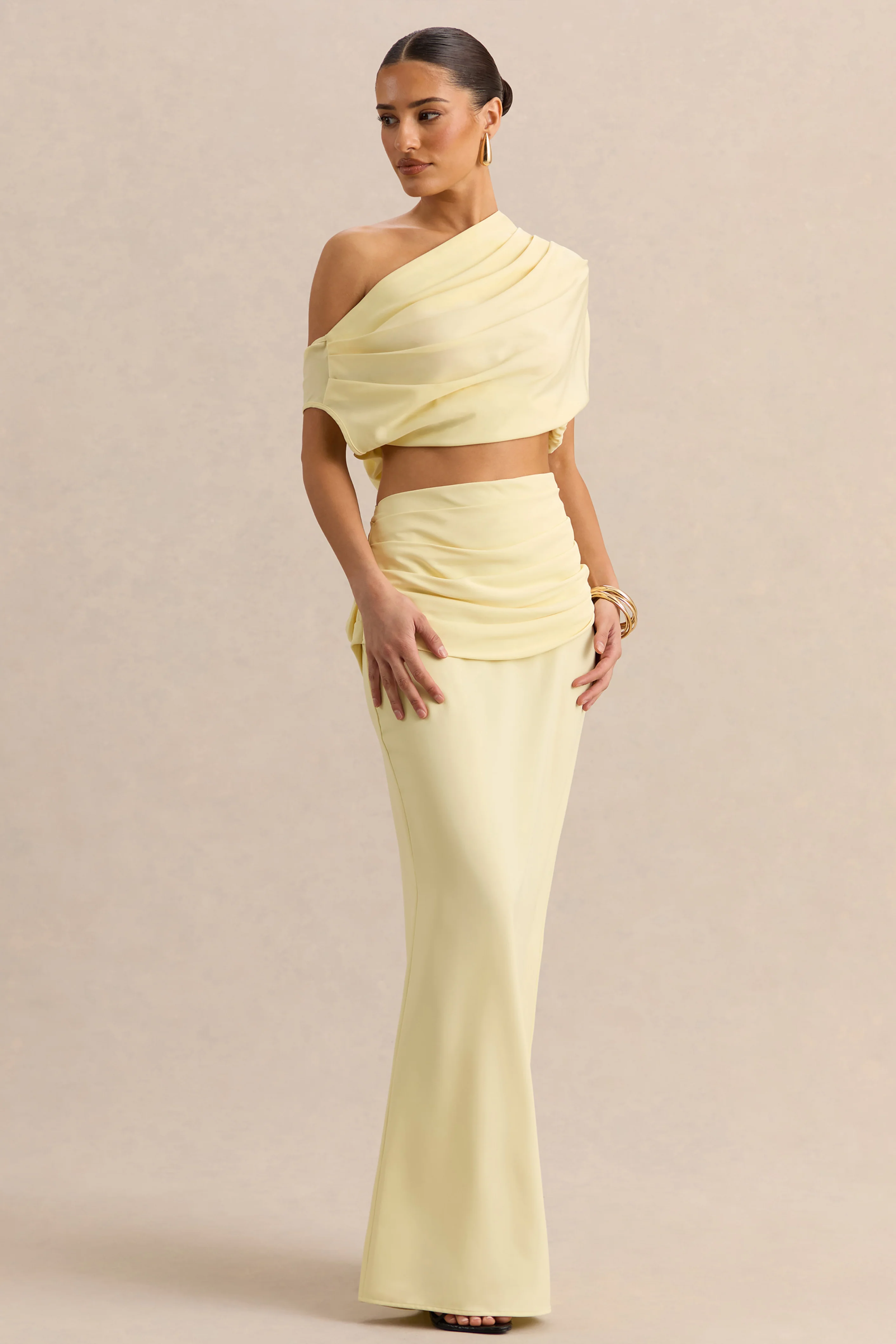 Yaselle | Lemon Satin One Shoulder Short Sleeve Top With Draped Detailing And Tie Back