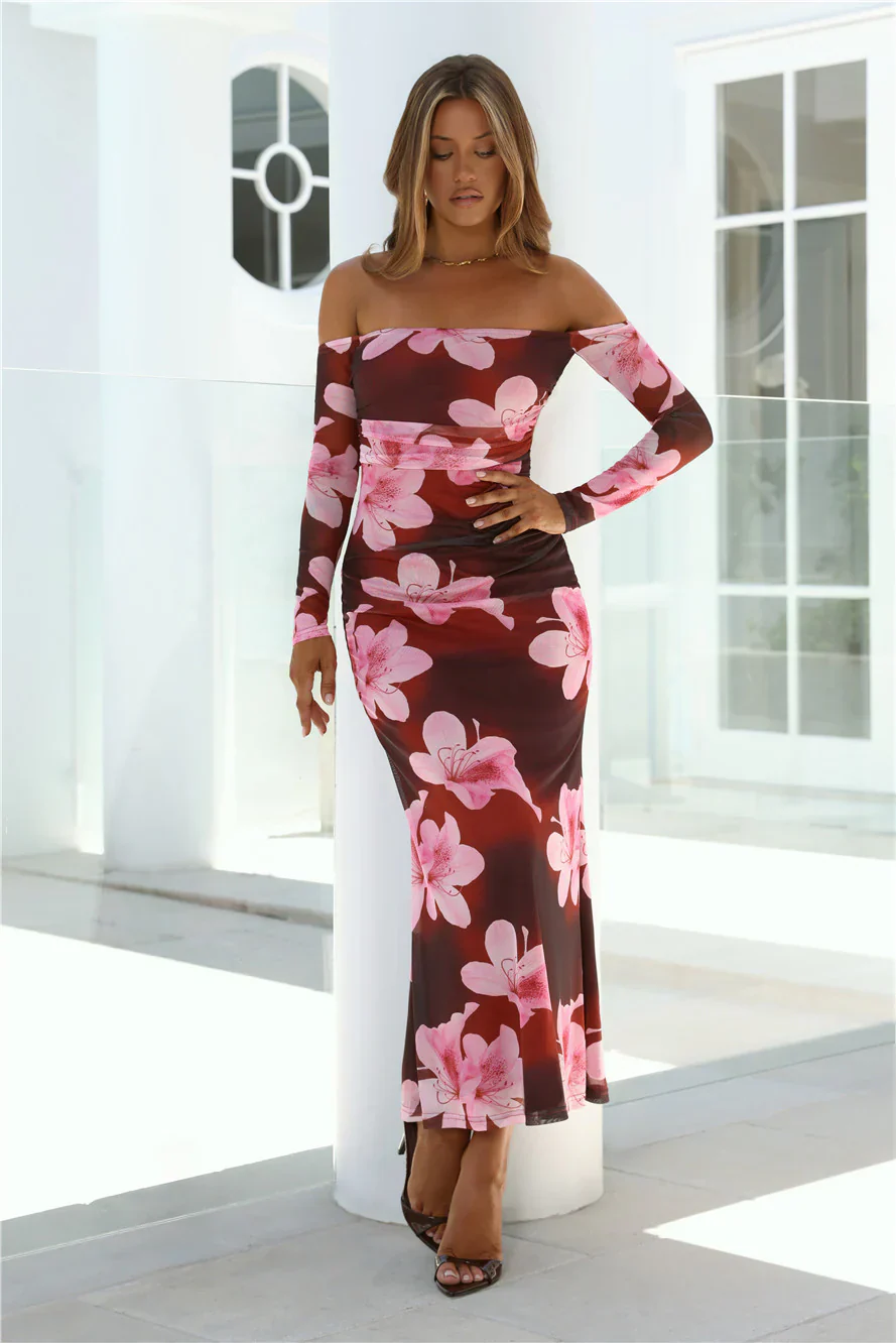 Sunbeam Sweetie Off Shoulder Mesh Maxi Dress Pink