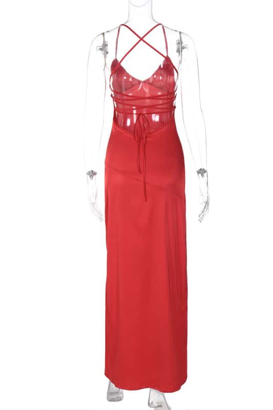 Simply Red Straps Soft Satin Fitted Slit Dress