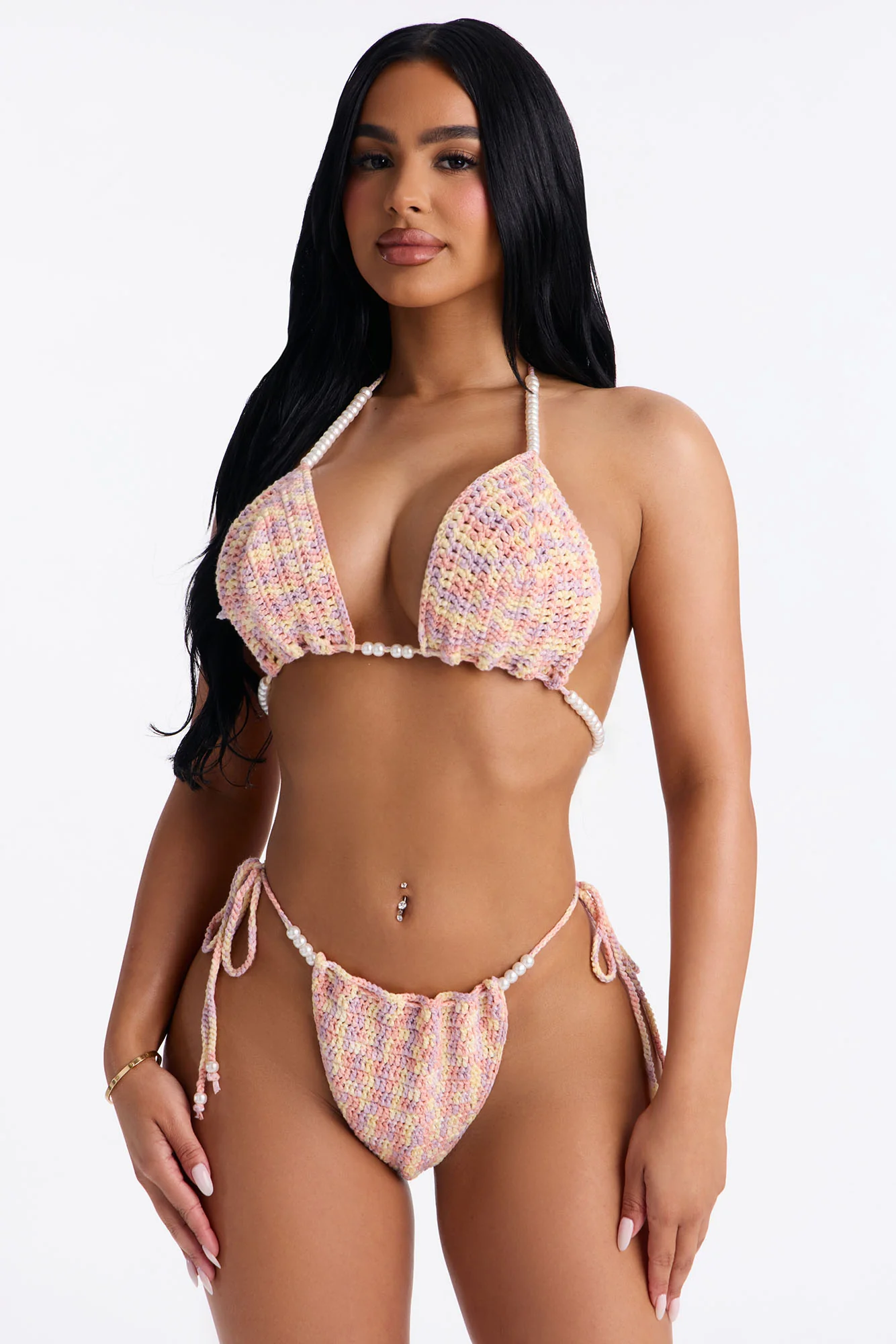 Lynette 2 Piece Beaded Knit Triangle Bikini Set - Multi Color
