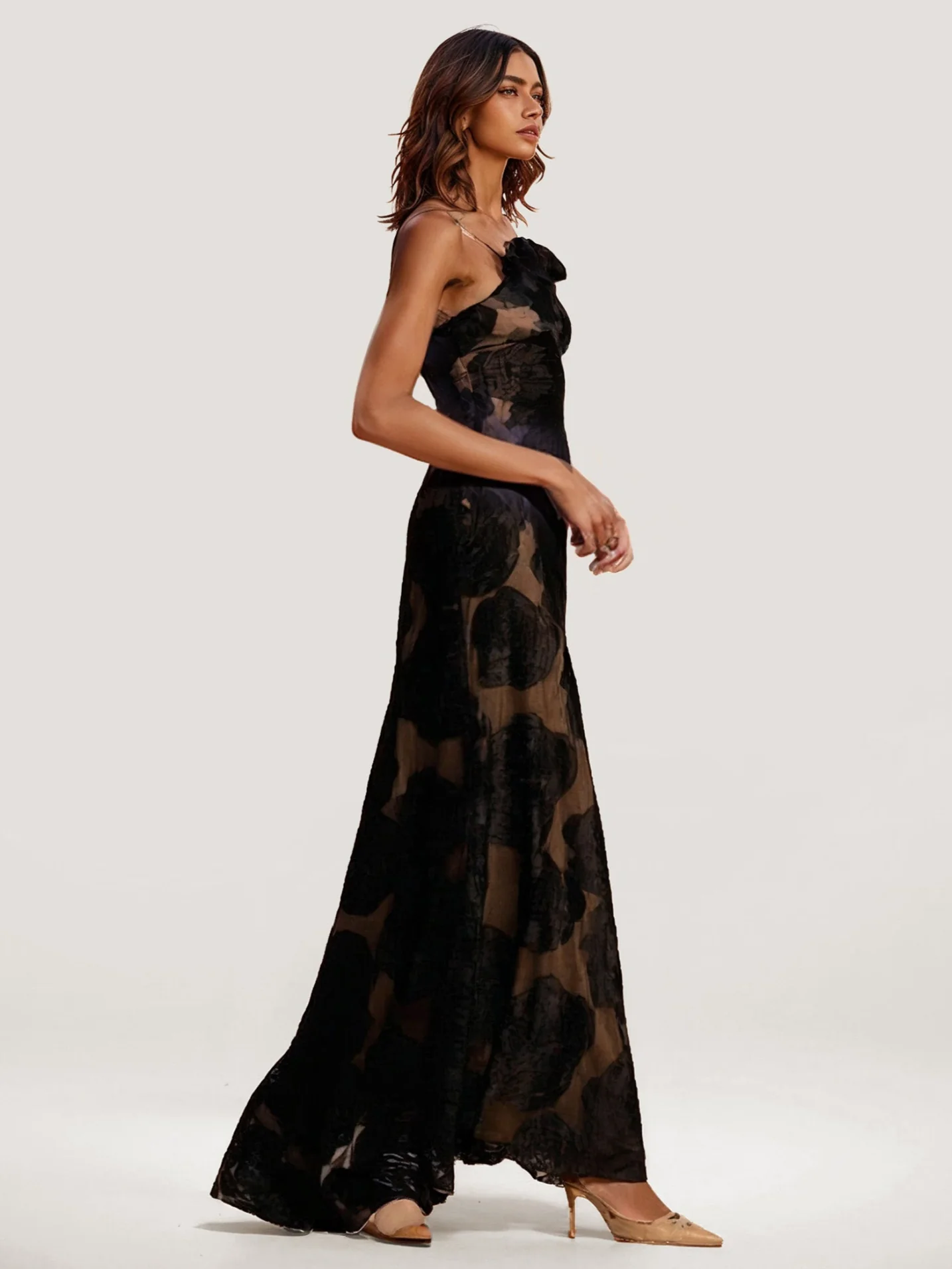 One-Shoulder Floral Embroidered Maxi Dress