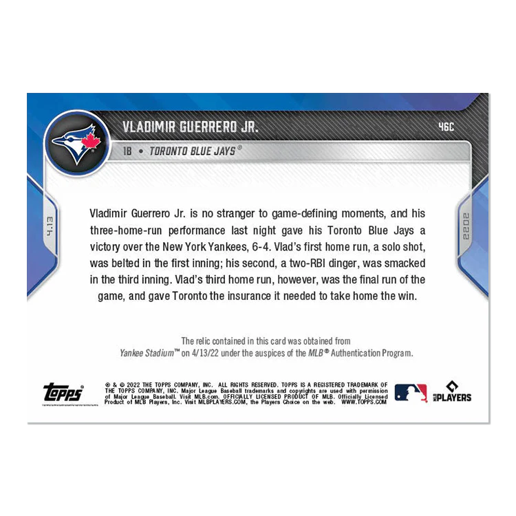 On-Card Auto-Relic # to 25 - Vladimir Guerrero Jr. - 2022 MLB TOPPS NOW® Card 46C