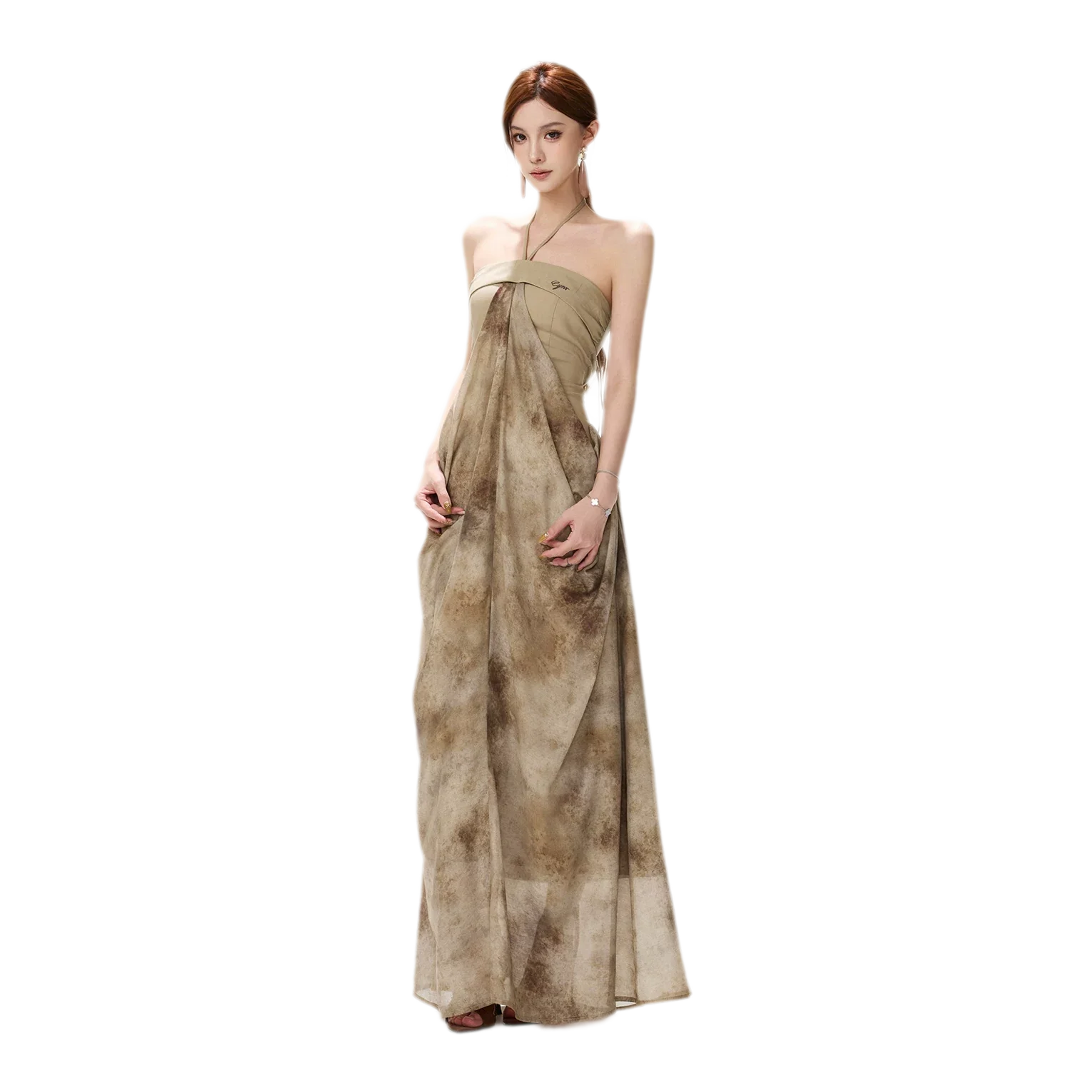 Ink-Wash Pleated Halter Dress