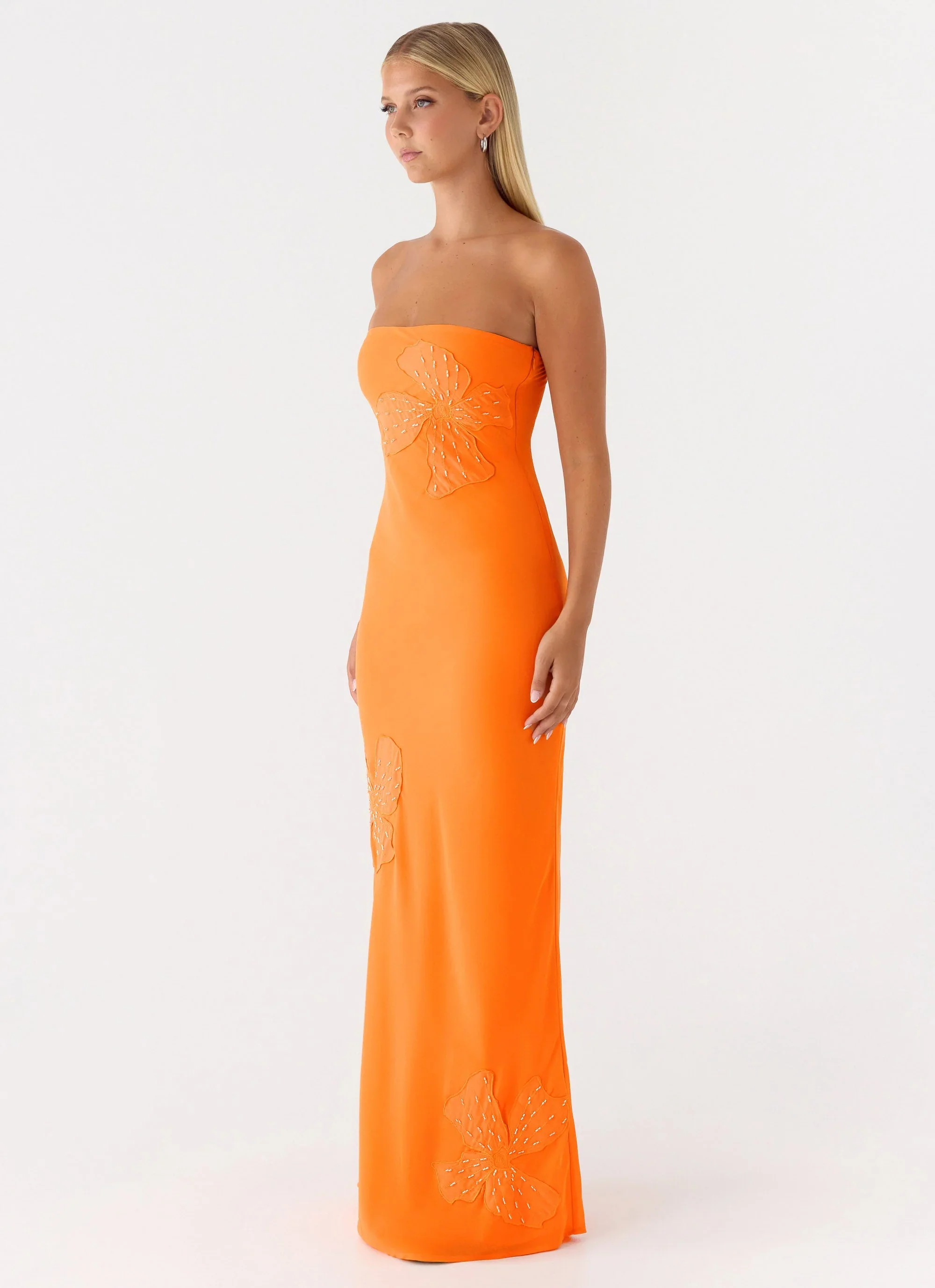 Sassafras Beaded Flower Strapless Maxi Dress - Orange