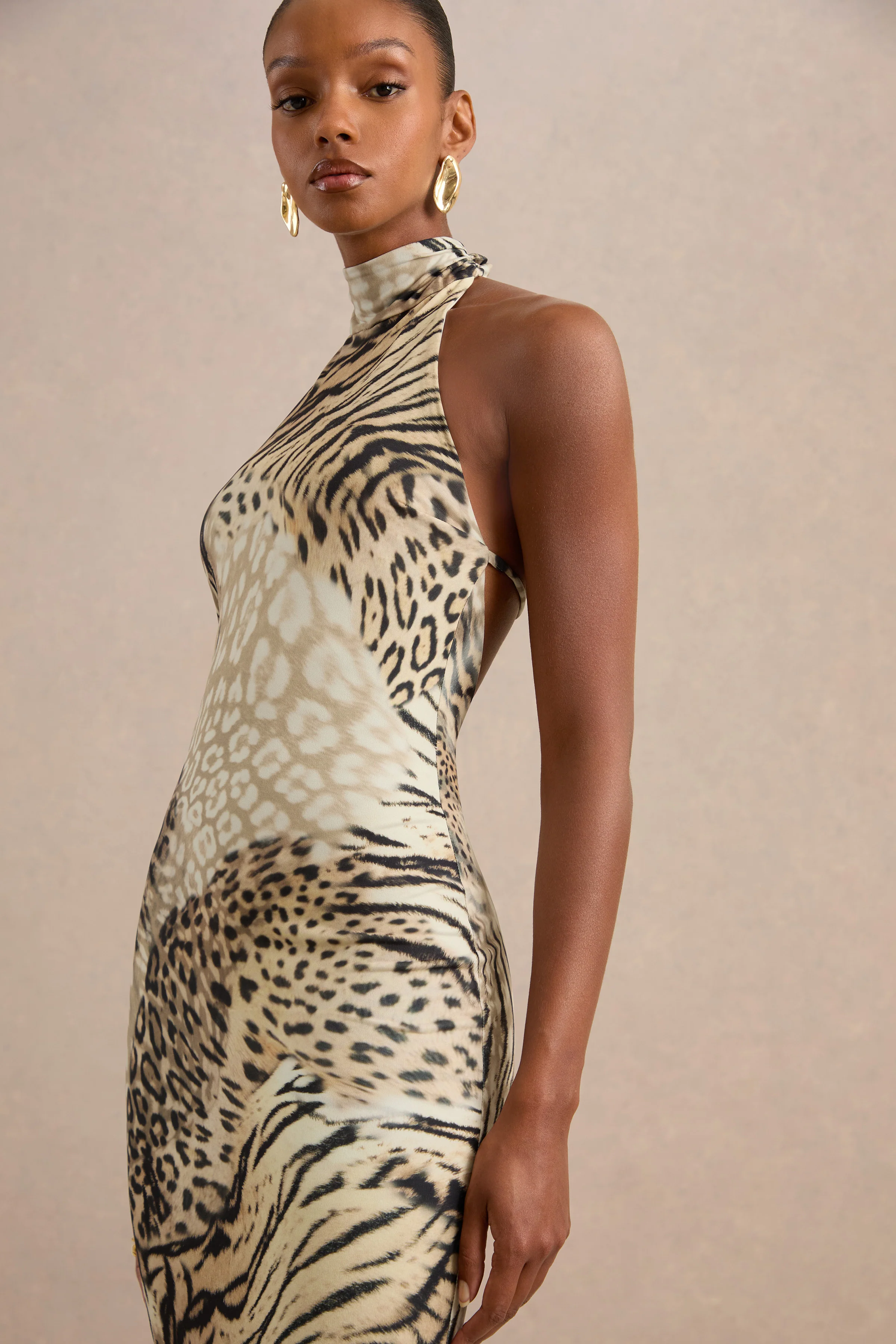 Arlise | Brown Animal Print Jersey High Neck Maxi Dress With Open Back