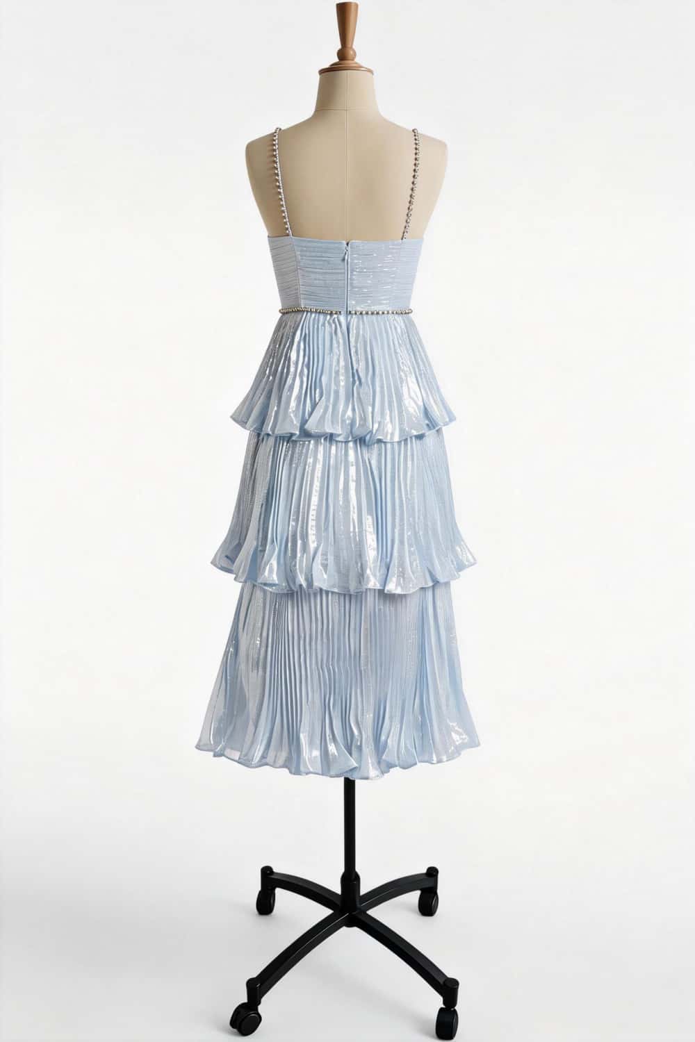 Light Blue Metallic Pleated Tiered Maxi Dress