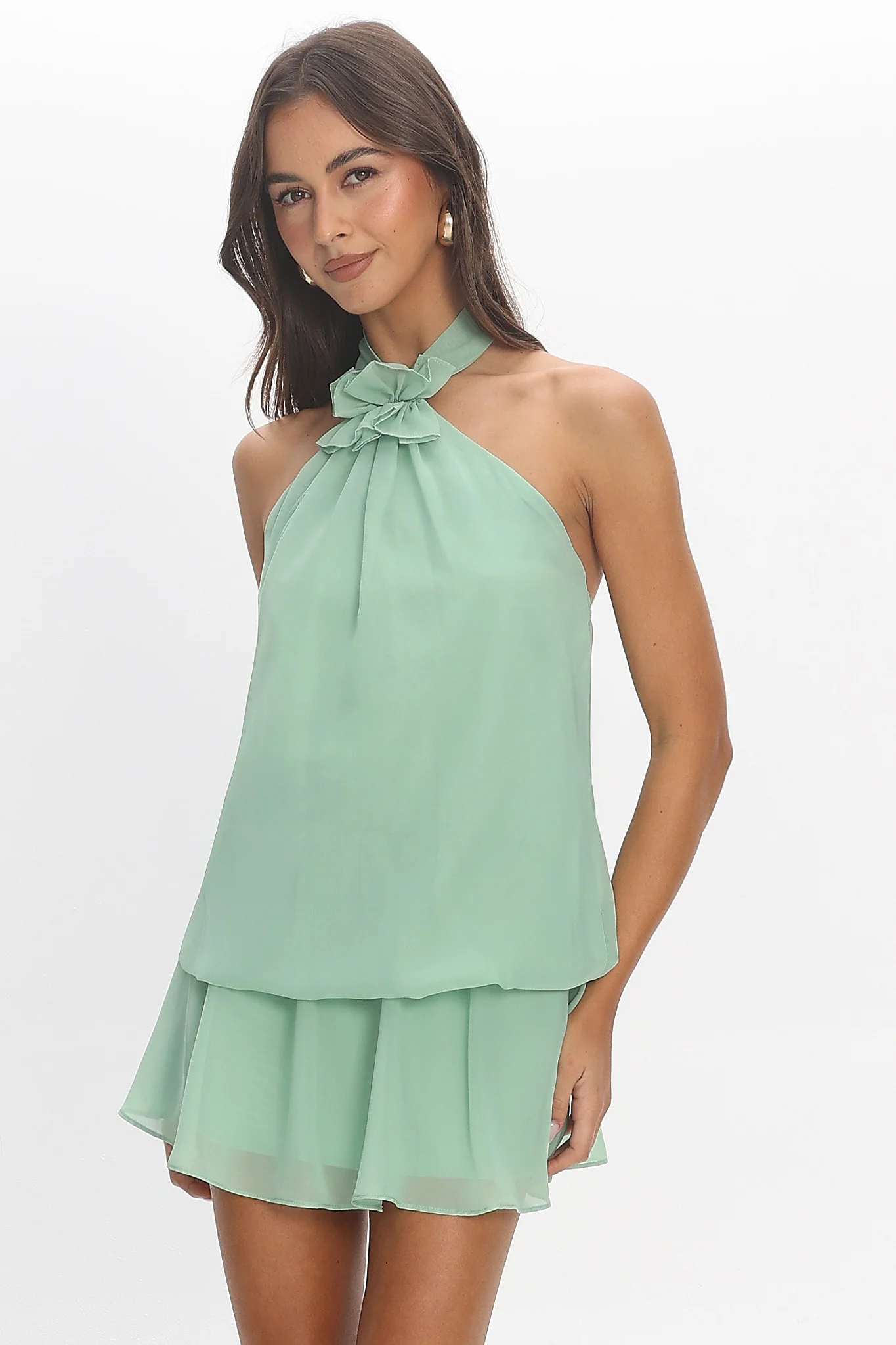 Aniyah Layered Halter Mini Dress Mint