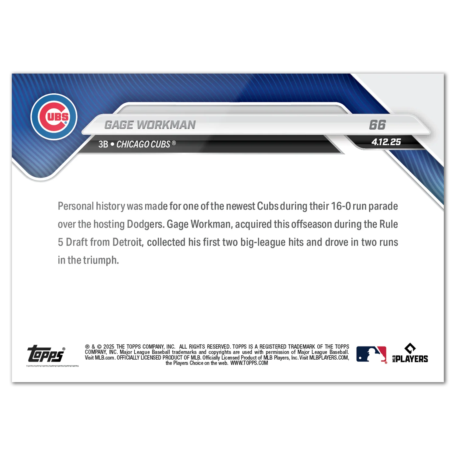 Gage Workman - 2025 MLB Topps NOW® - Card 66