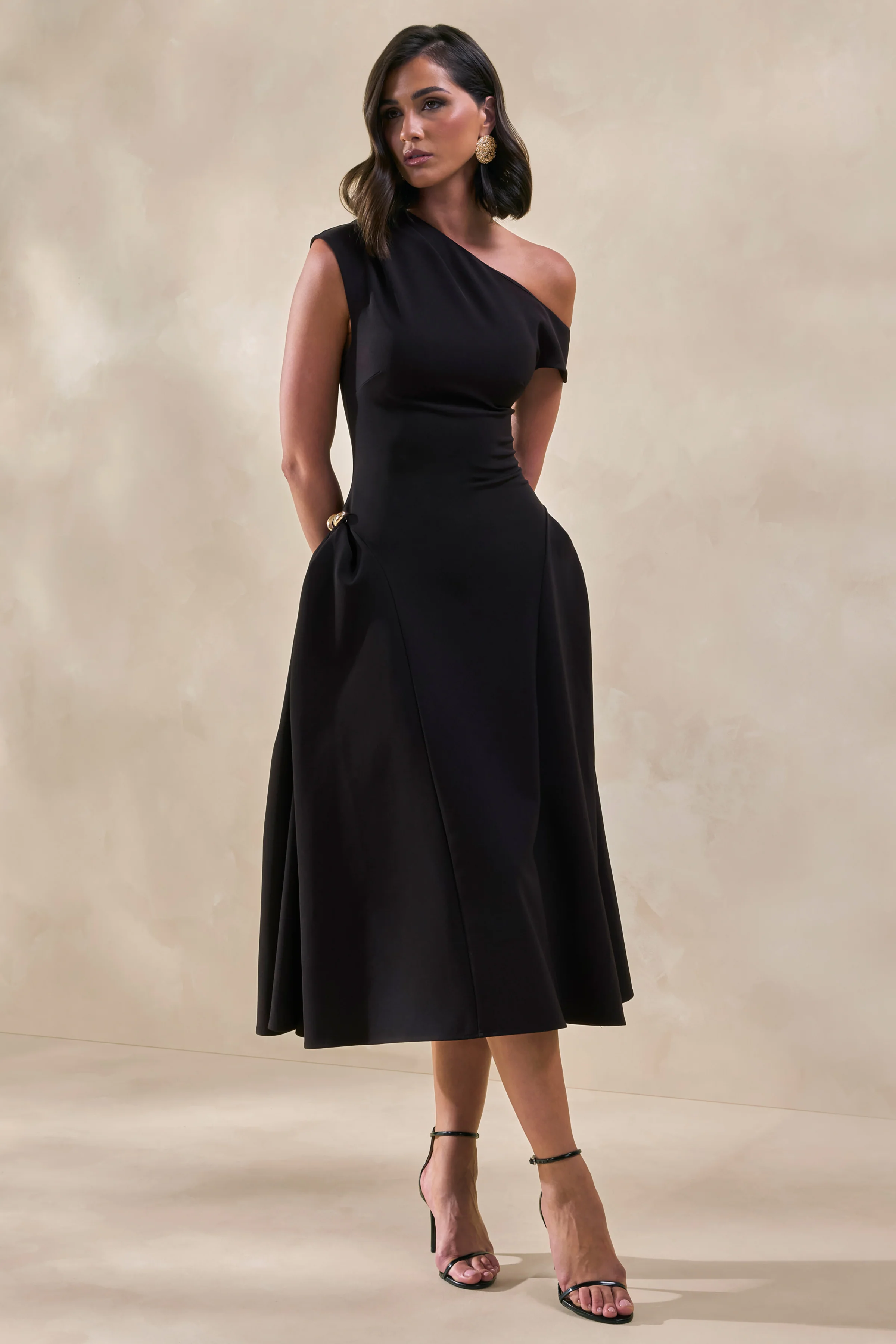Celosia | Black Asymmetric-Neck Midi Dress With Gold-Detailing