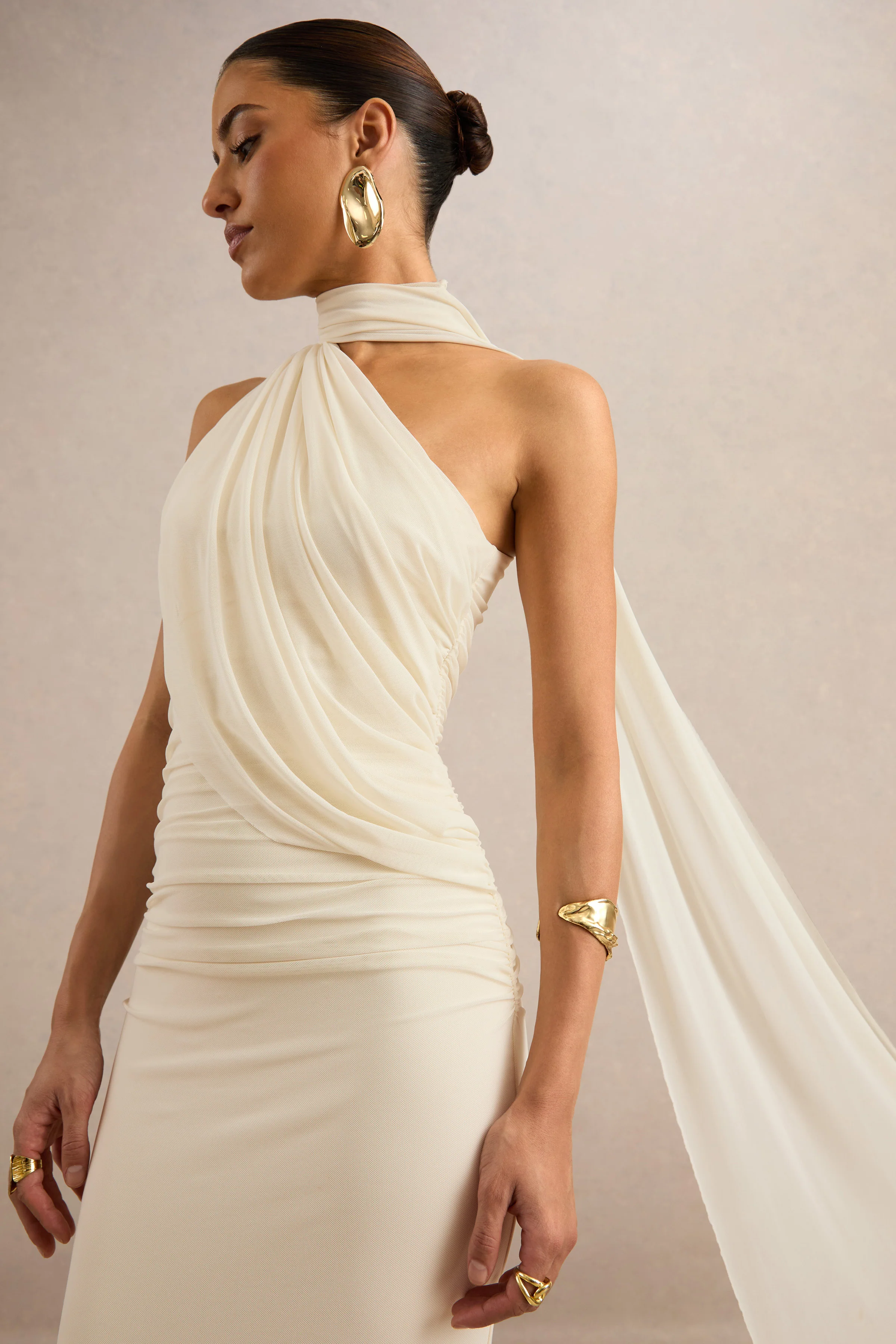 Gelsey | Cream Mesh High Neck Ruched Maxi Dress With Scarf Detail