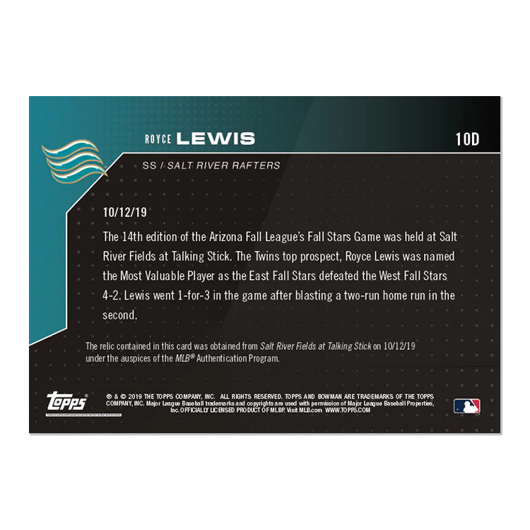 Game-Used Base Relic # to 10 - Royce Lewis - Bowman NEXT TOPPS NOW® Card 10D
