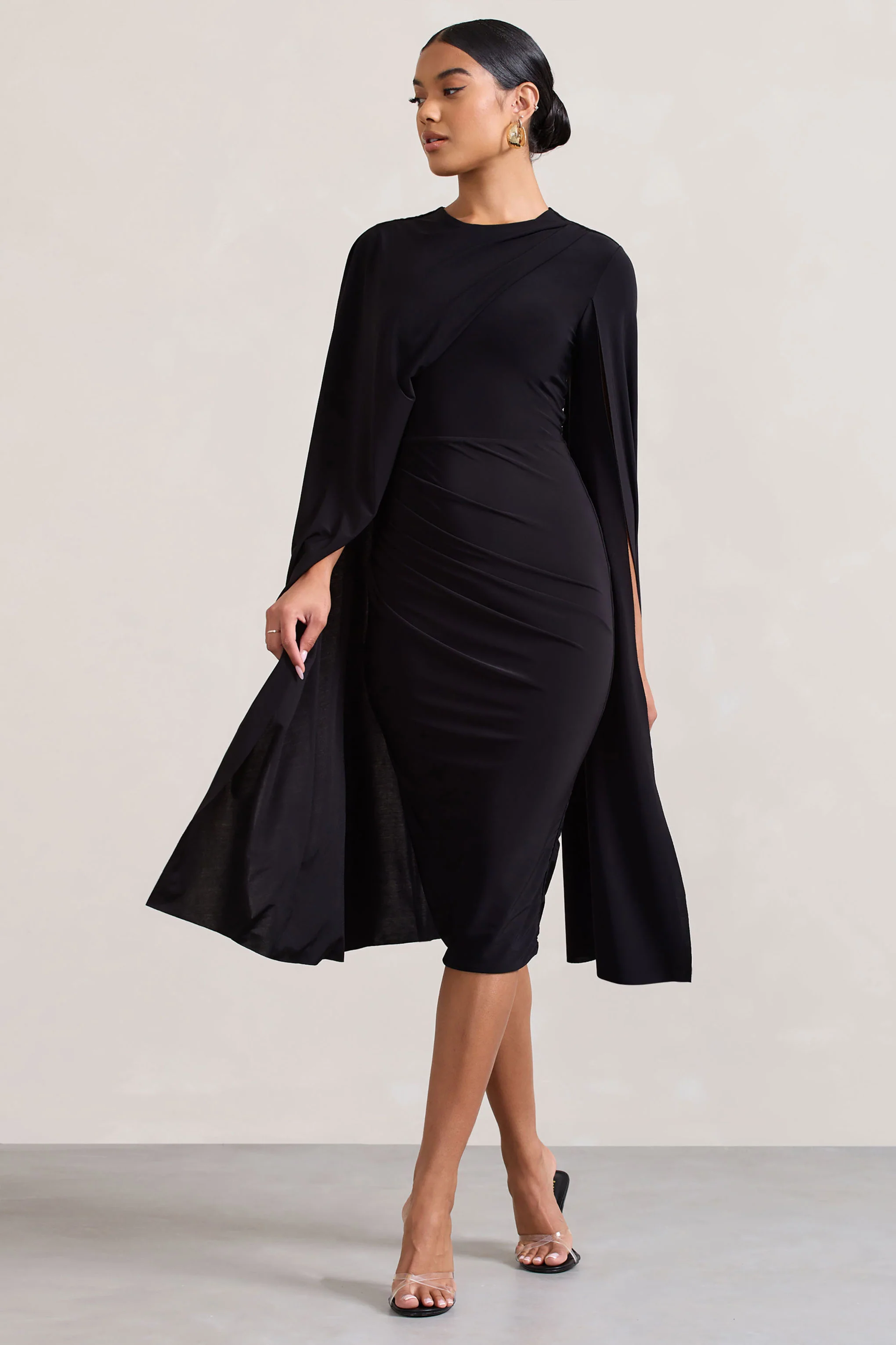 Marysol | Black Asymmetric Cape Midi Dress