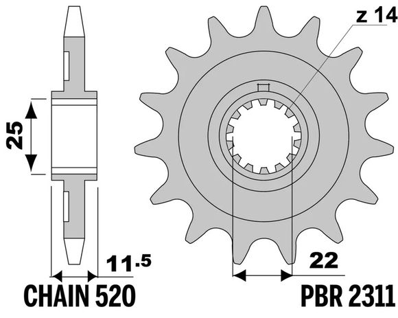 Gearbox output pinion PBR standard steel 2311 - 520 16 teethRef: Pbr01670A / 1151601004