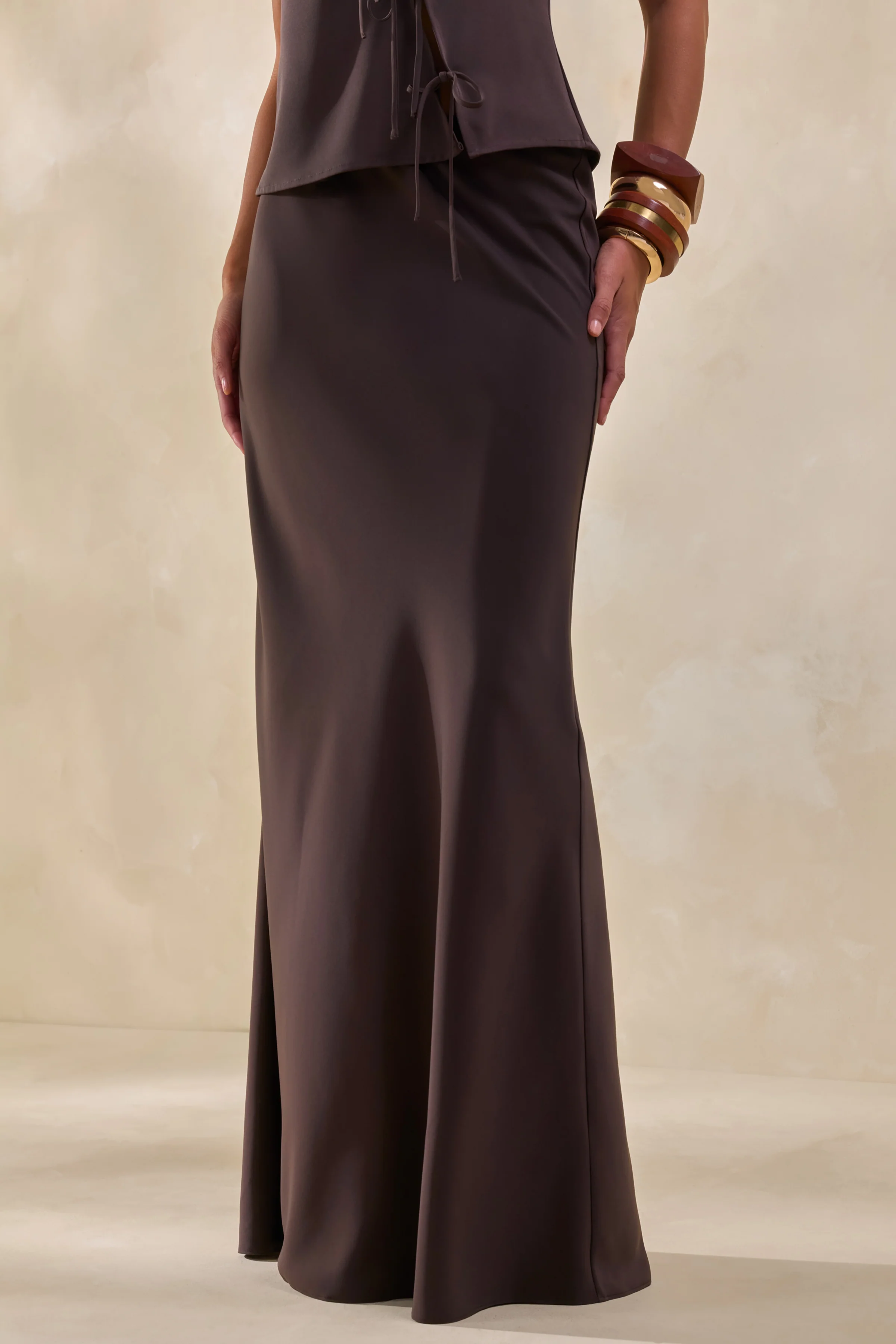 Sybella | Dark Brown Satin Maxi Skirt