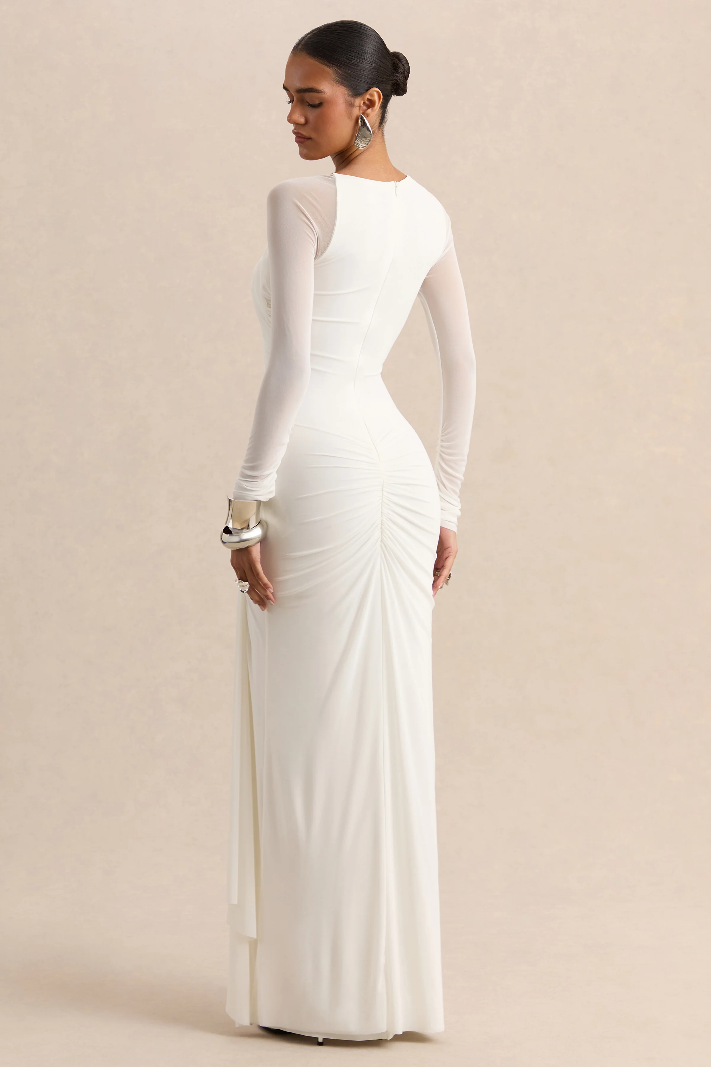 Rimena | White Asymmetric-Neck Maxi-Dress With Gathered Detailing And Mesh Long-Sleeves