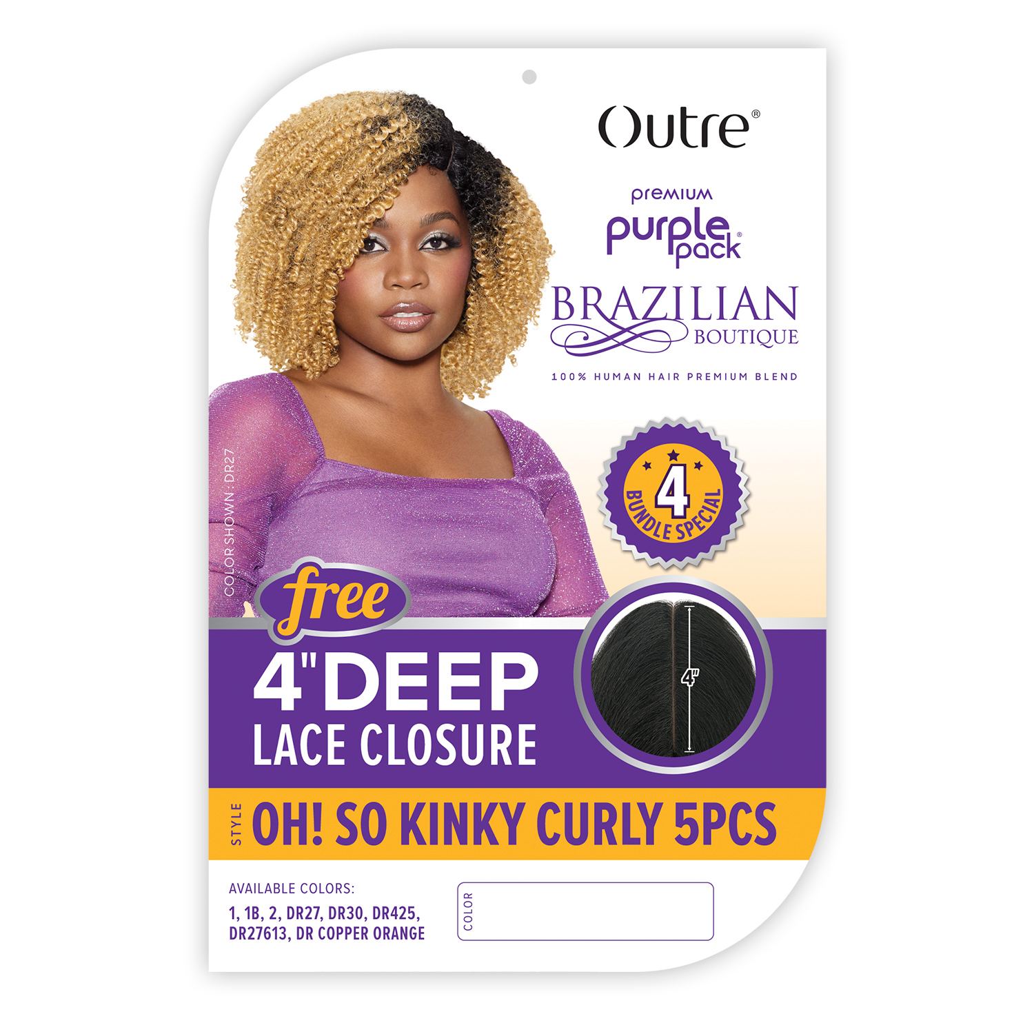 Outre Human Hair Blend Weave Premium Purple Pack Brazilian Boutique Oh! So Kinky Curly 5Pcs with 4