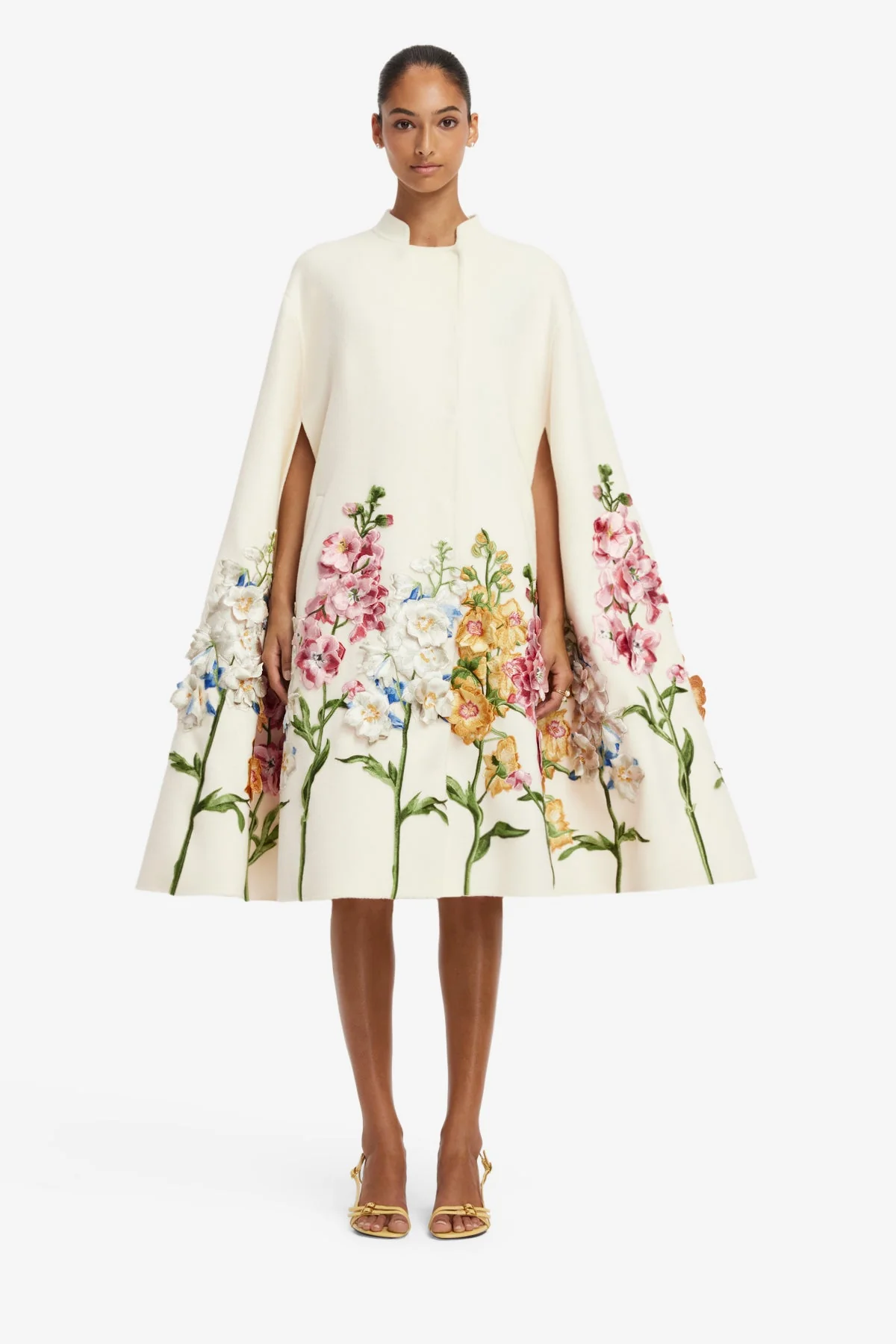 Clover Embroidered Wool Cape Jacket - Snapdragon Print in Snow