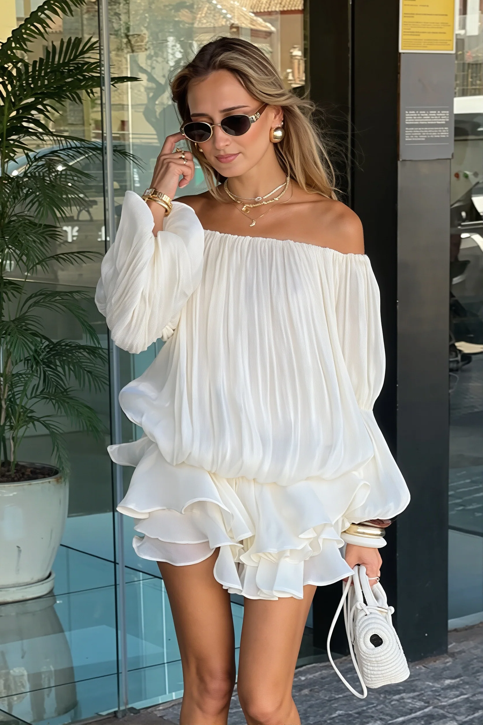 Off Shoulder Ruffle Shiny Fabric Mini Dress