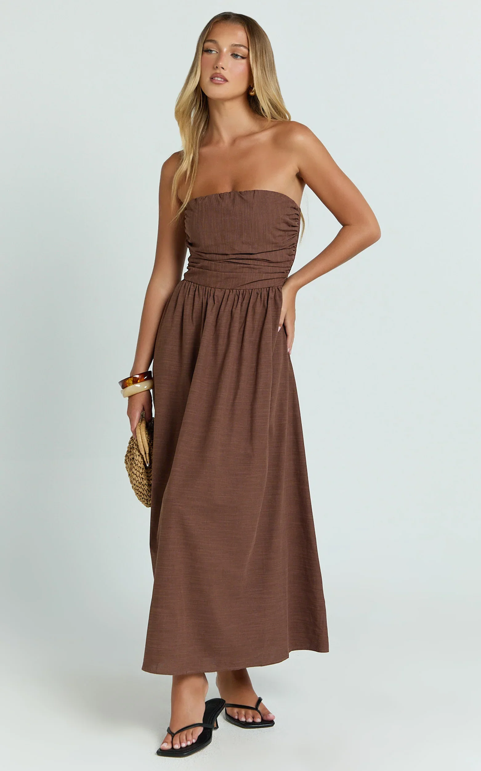 Polly Midi Dress - Strapless Ruched Dress in Chocolate