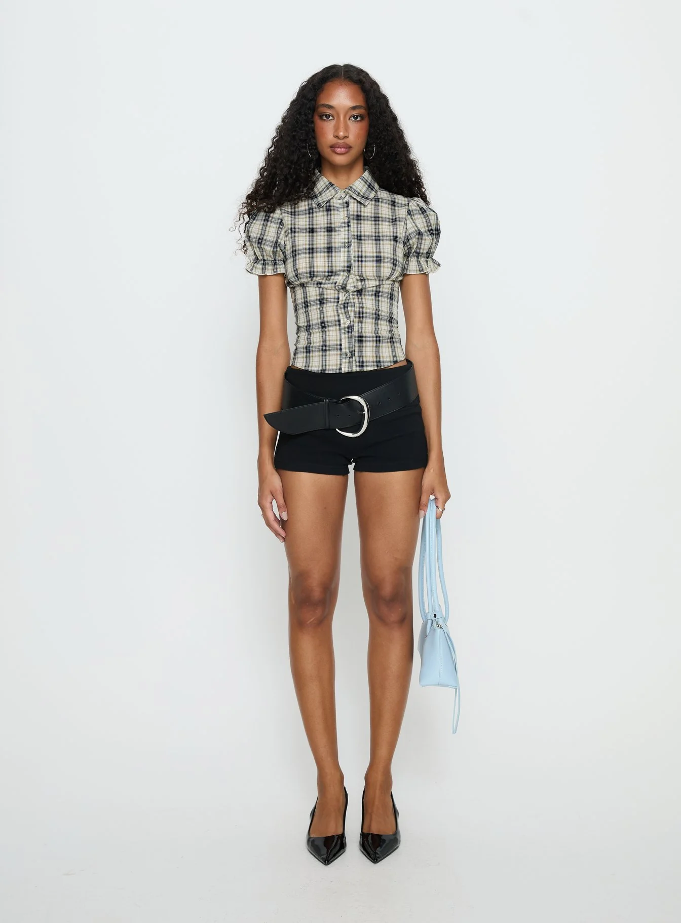 Maxfield Collared Button Up Blouse Top Multi Check