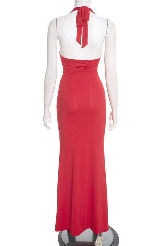 Red Halter Fitted Ruched Long Dress
