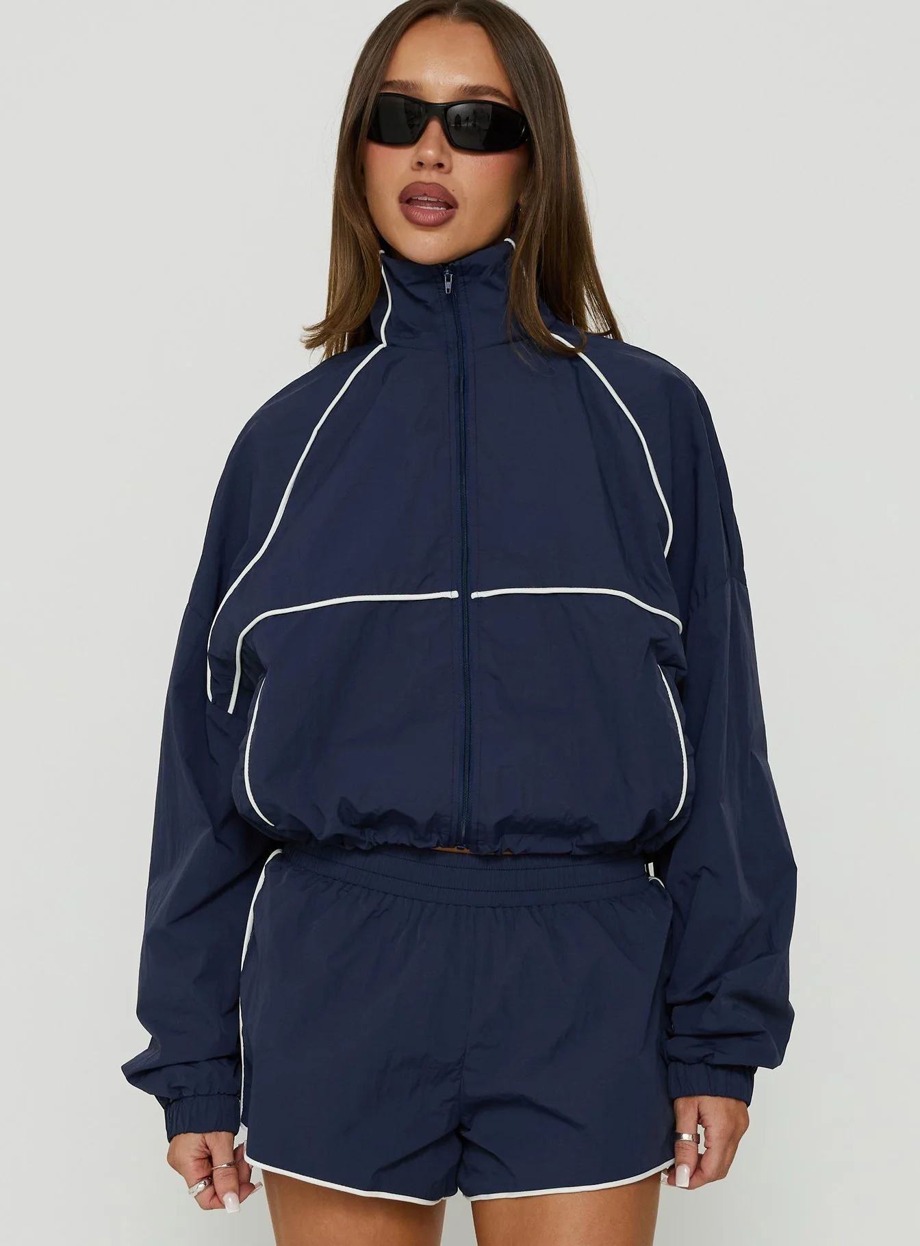 Shayyla Funnel Neck Windbreaker Jacket Navy / White