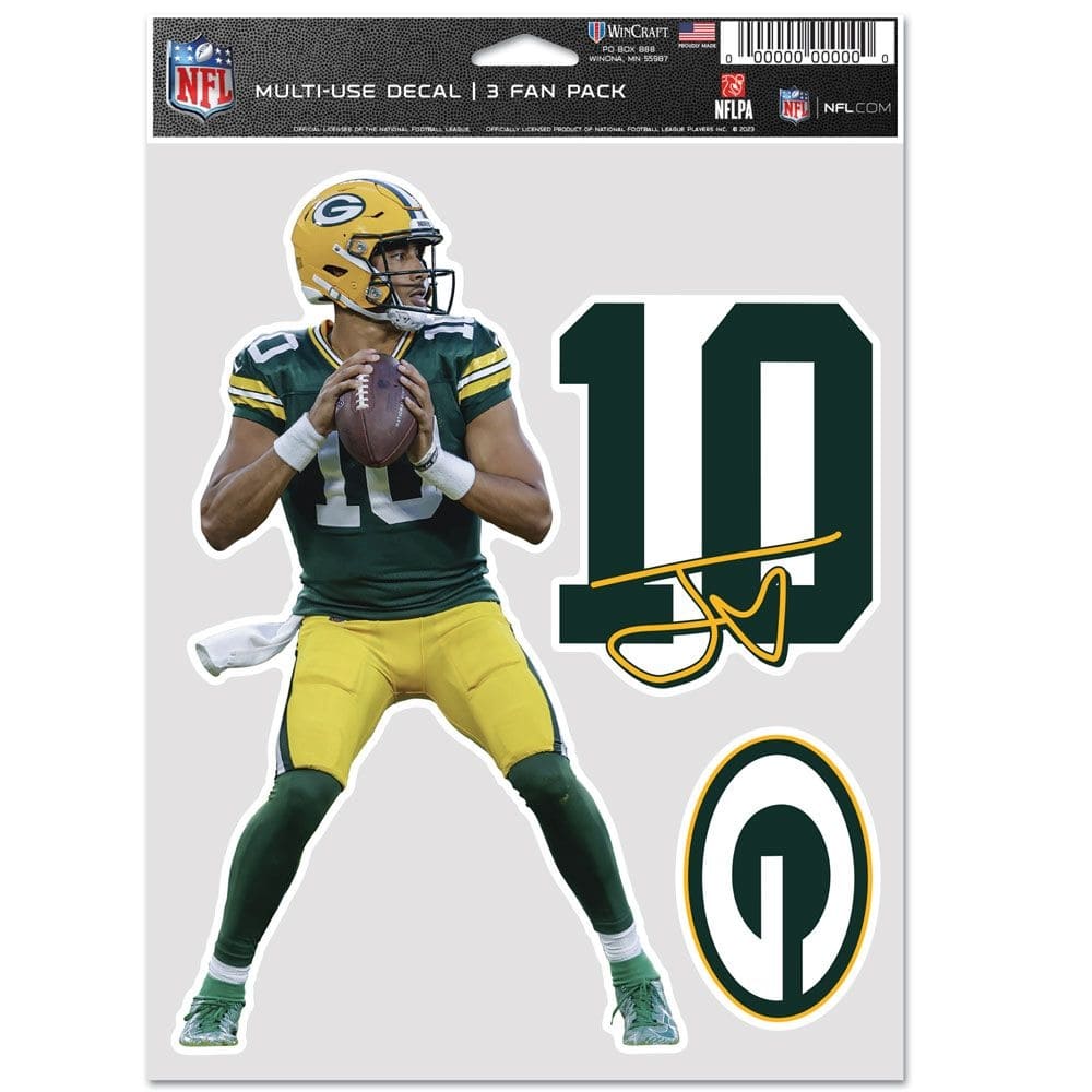 Jordan Love #10 Green Bay Packers Player NFL Decals Set (3 Pcs.)