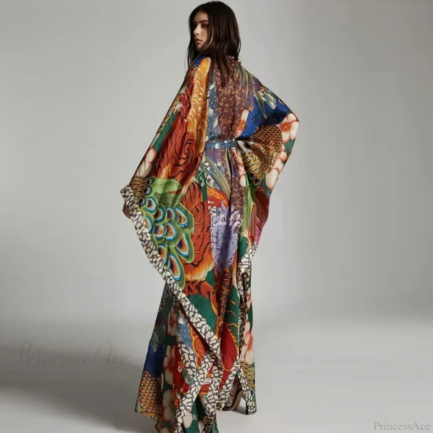 Chiffon Ethnic Peacock Pattern Long Cardigan Boho Cover up