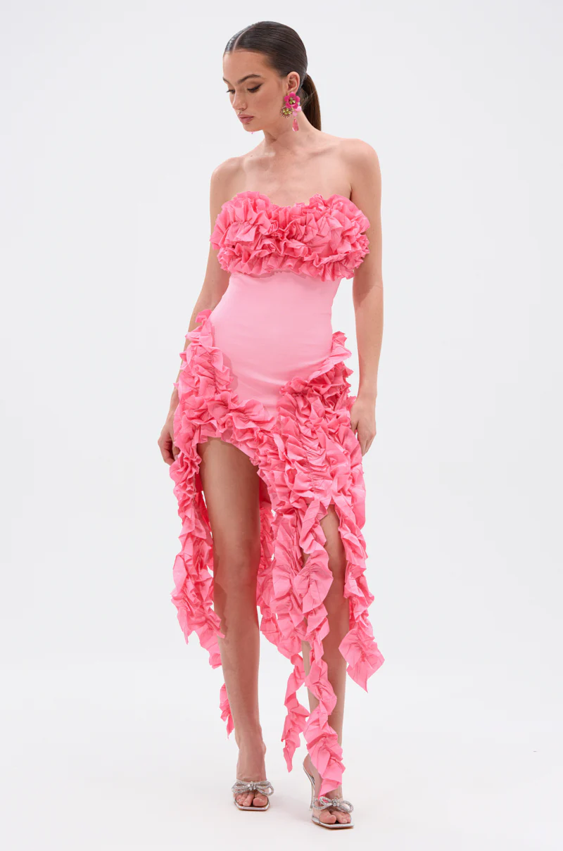 City Lights Ruffle Midi Dress In Light Pink