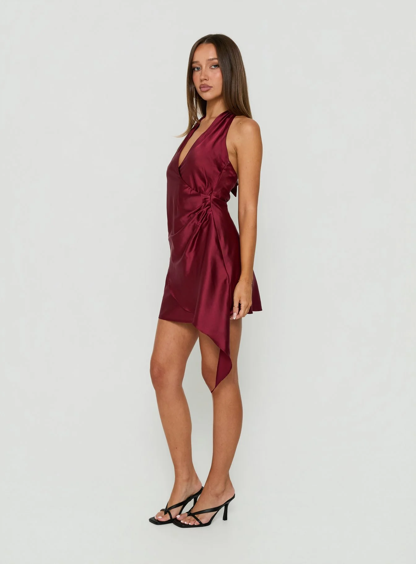 Landree Wrap Halter Satin Mini Dress Burgundy