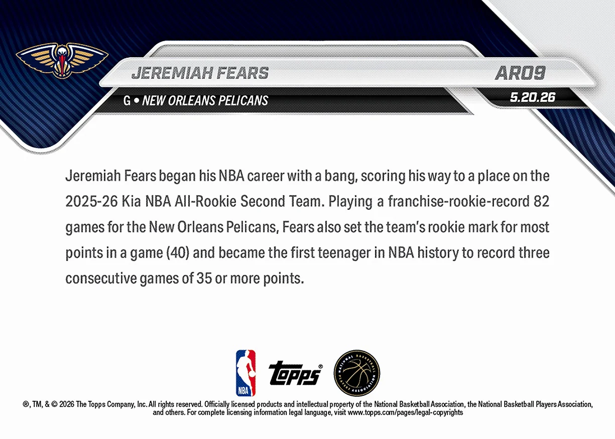 Jeremiah Fears - 2025-26 NBA Topps NOW® - Card AR09 - PR: 1242