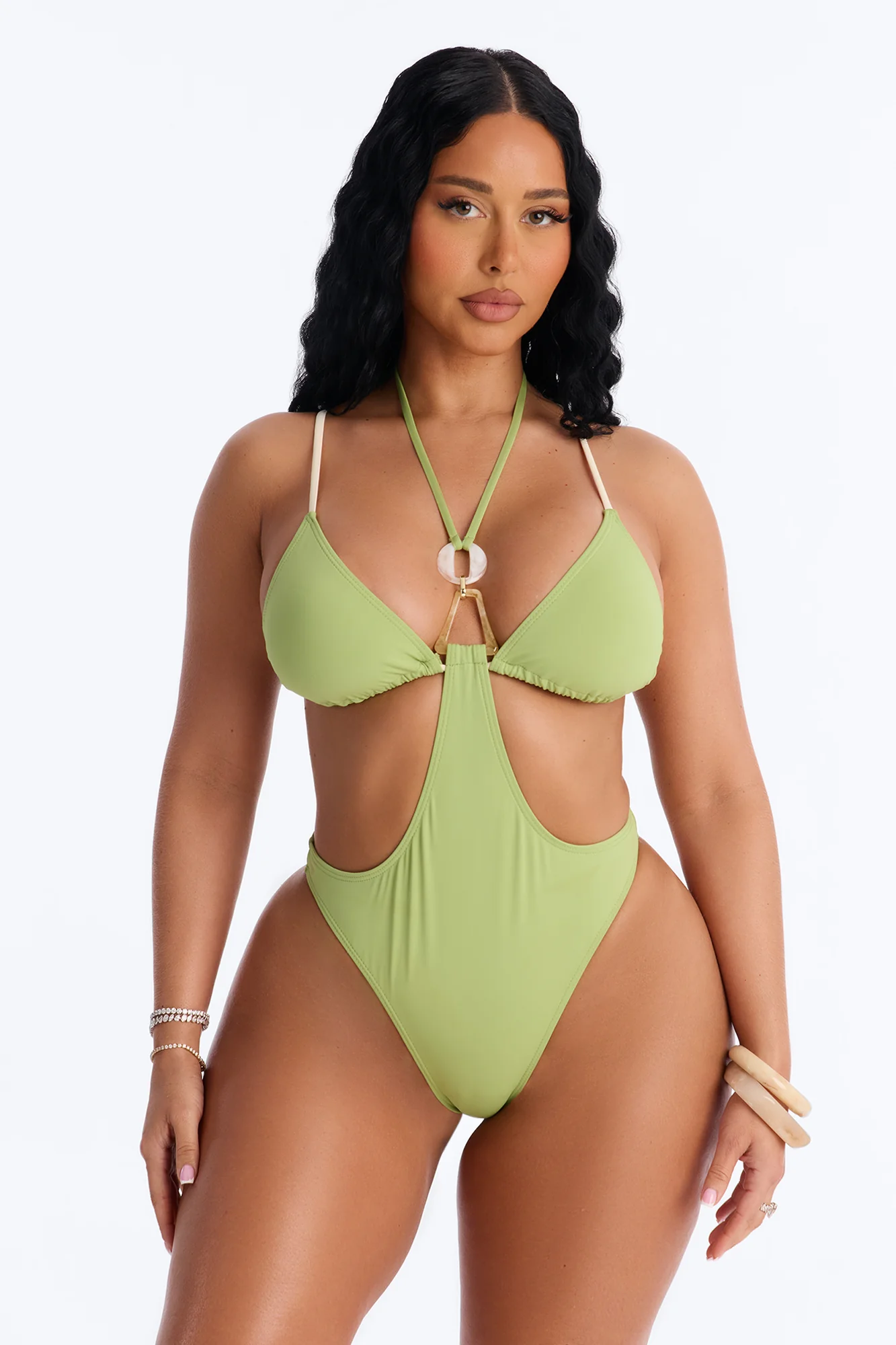 All Summer 1 Piece Triangle Cut Out Swimsuit - Sage