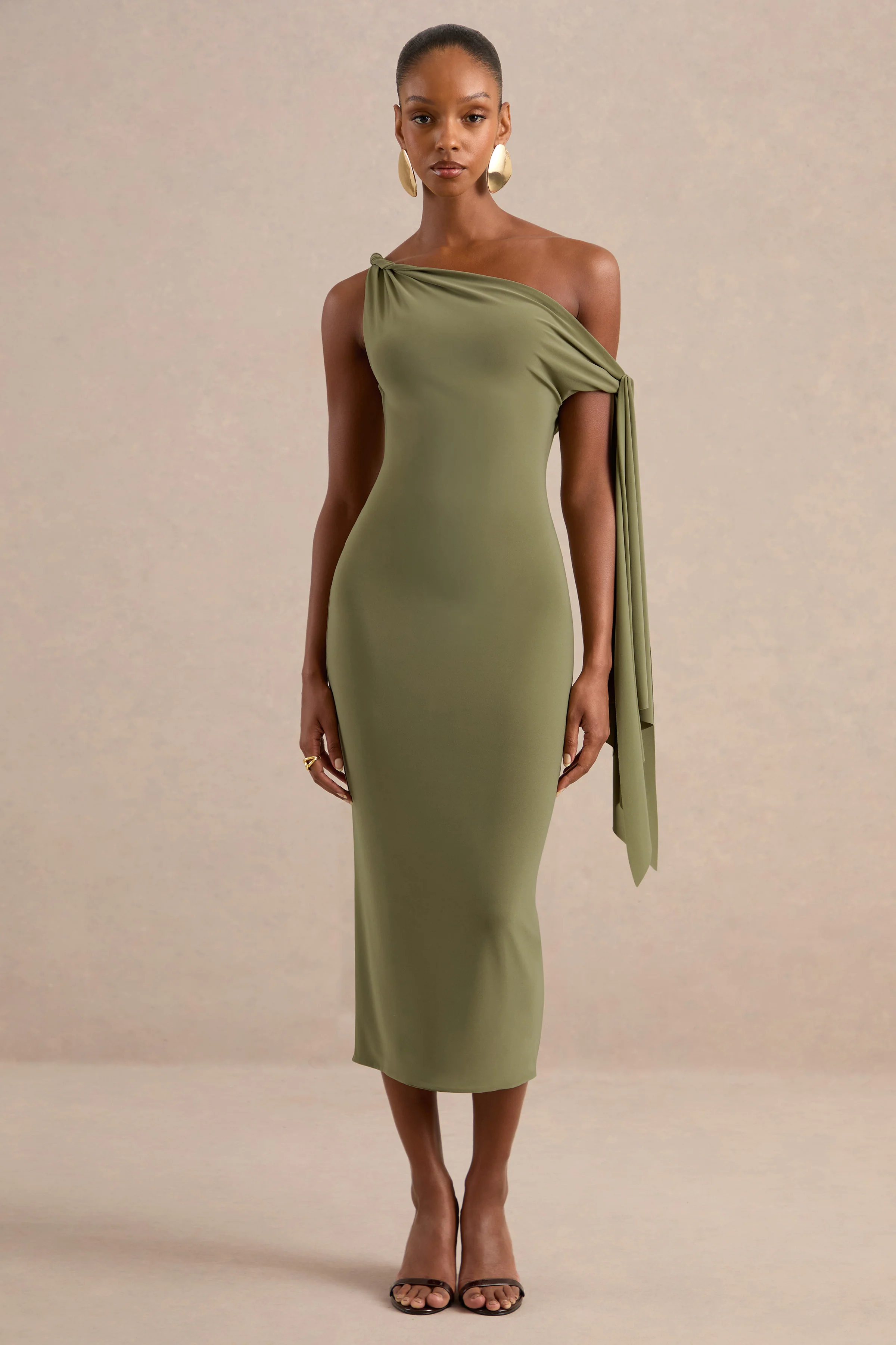 Arcelia | Olive Jersey One Shoulder Midi Dress With Twist And Knot Sash Detailing