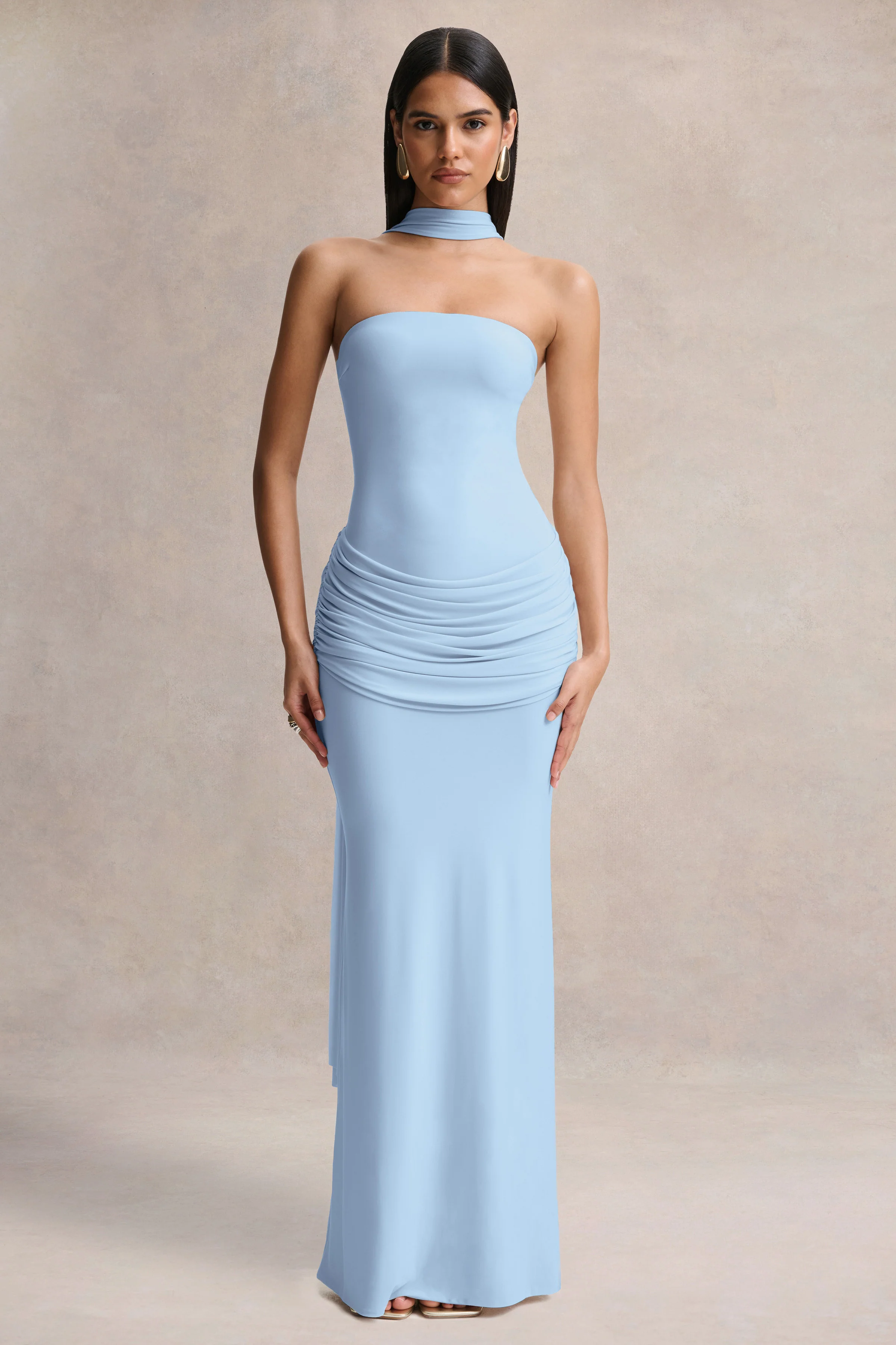 Graciella | Light Blue Bandeau Maxi Dress With Draped Detailing And Scarf