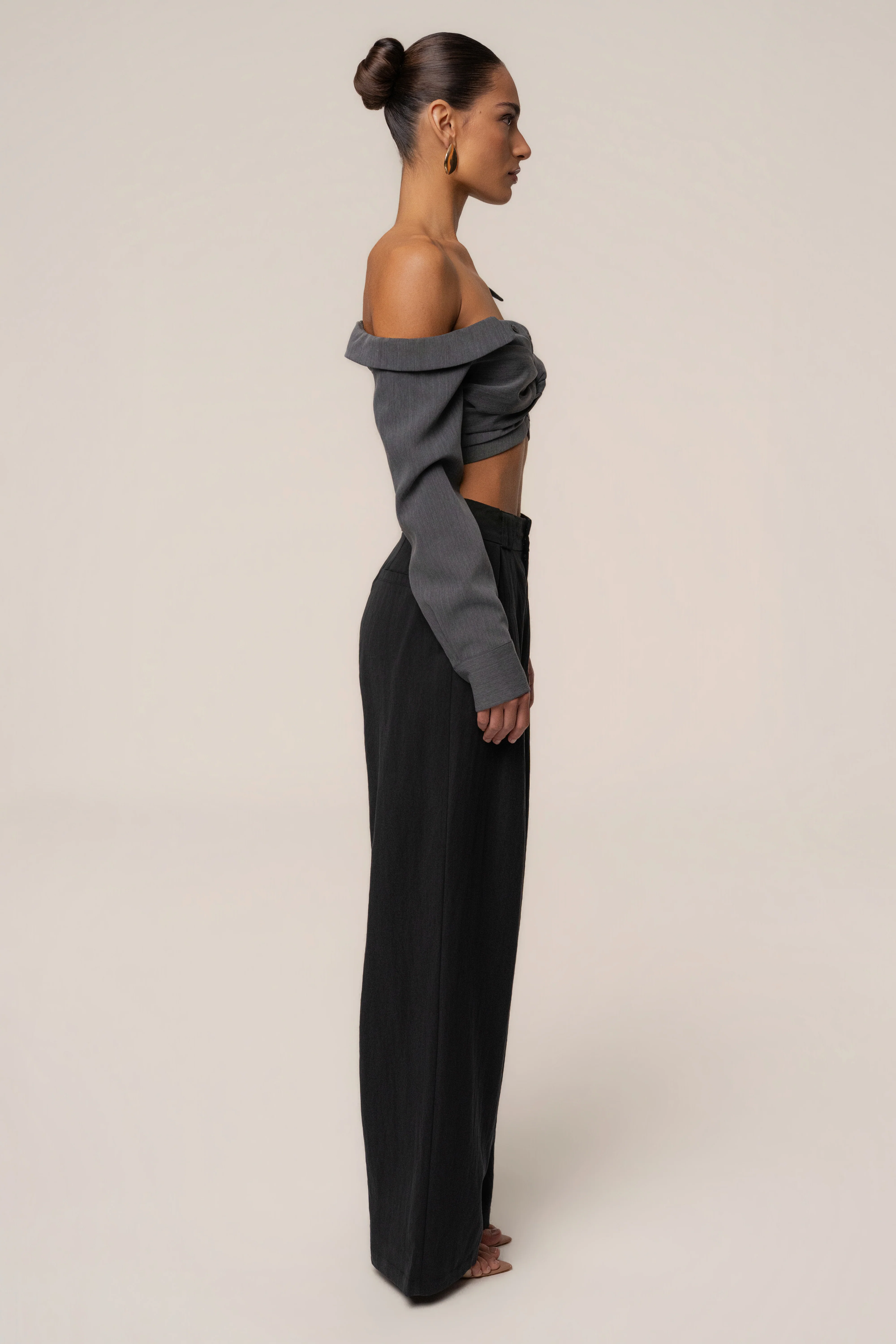 Grey Off-Shoulder Twist Crop Top