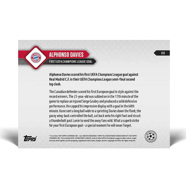 Alphonso Davies - First UEFA Champions League goal - 23/24 UCL TOPPS NOW® Card 130