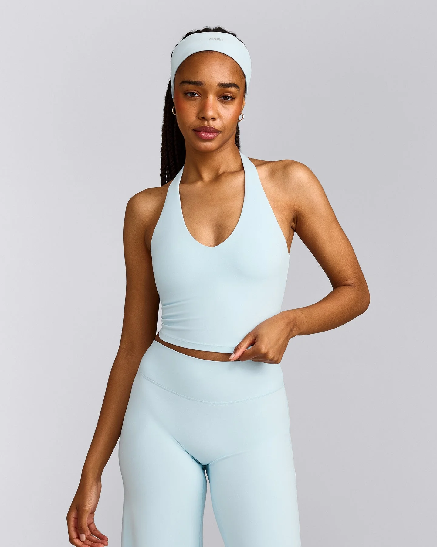 SoftMotion™ Halter Neck Mid Vest with Built in Bra Shelf with Grey Logo | Cloud Blue