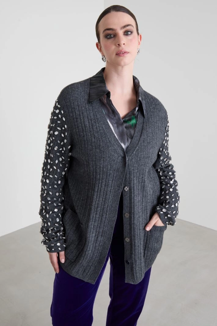 Wool cardigan with rhinestones - DARK GREY