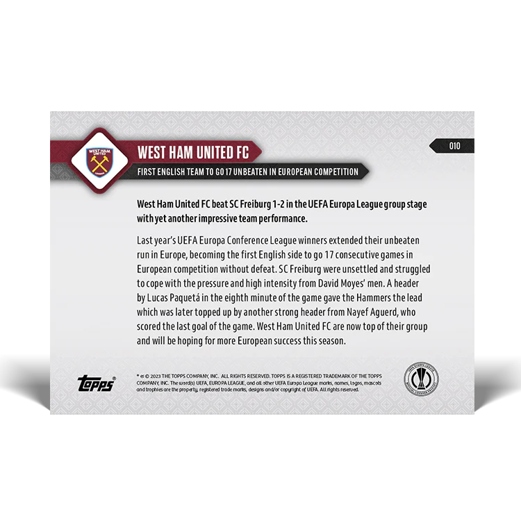 Topps UK - West Ham United FC - First English team to go 17 unbeaten in European competition - UEL TOPPS NOW® Card #10